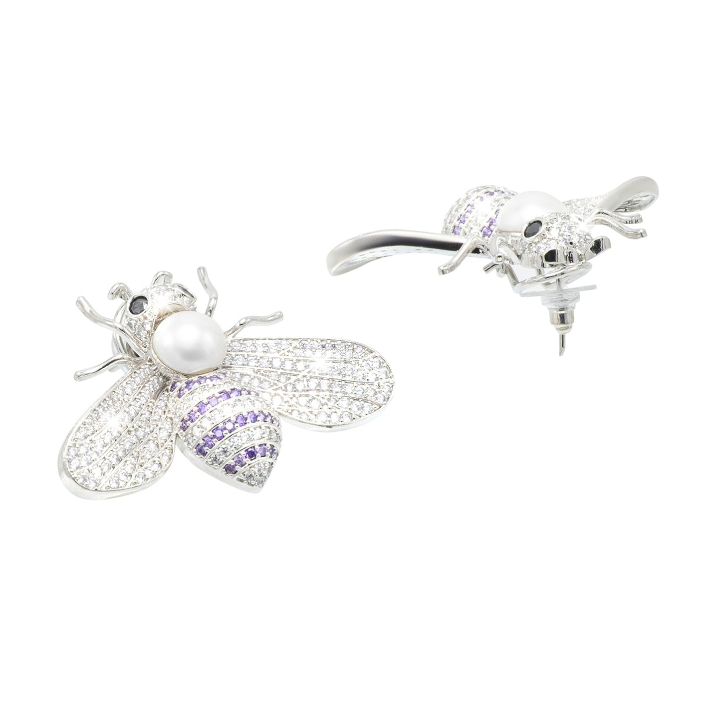 Western Design, CZ, Zirconia, Crystals, Pearls Rhodium Silver Plated Large Size Honey Bee Mosquito Bug Earrings for Women - (SJE_307_S_BL)