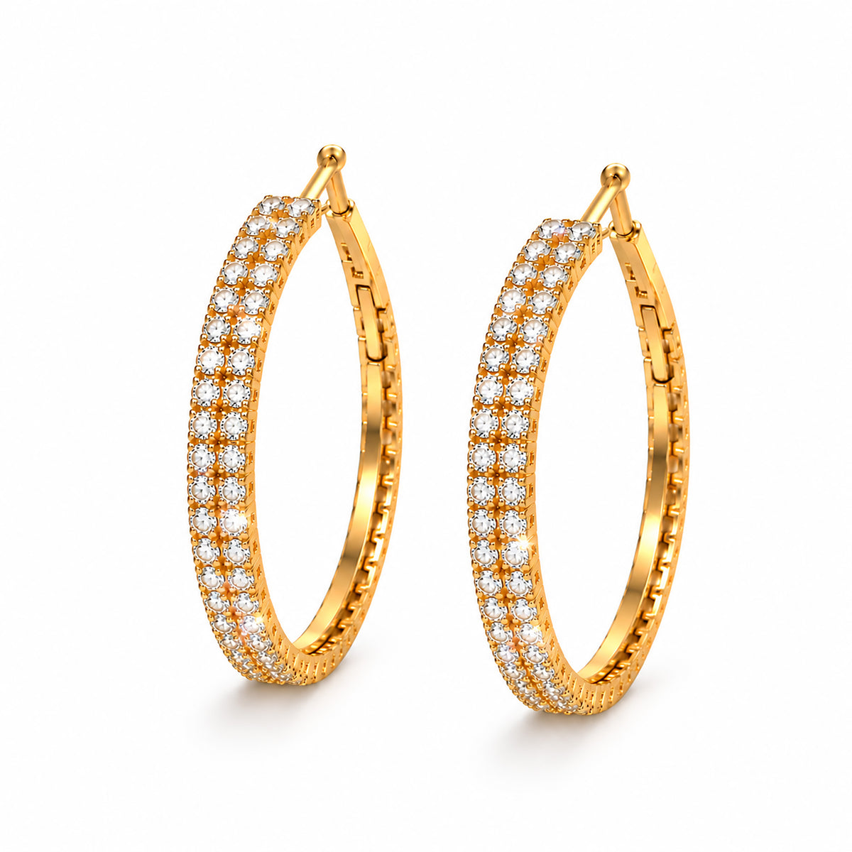 Moon Dust Gold Plated Double Row White CZ Medium Sized Hoop Earrings for Women (MD_101_G)