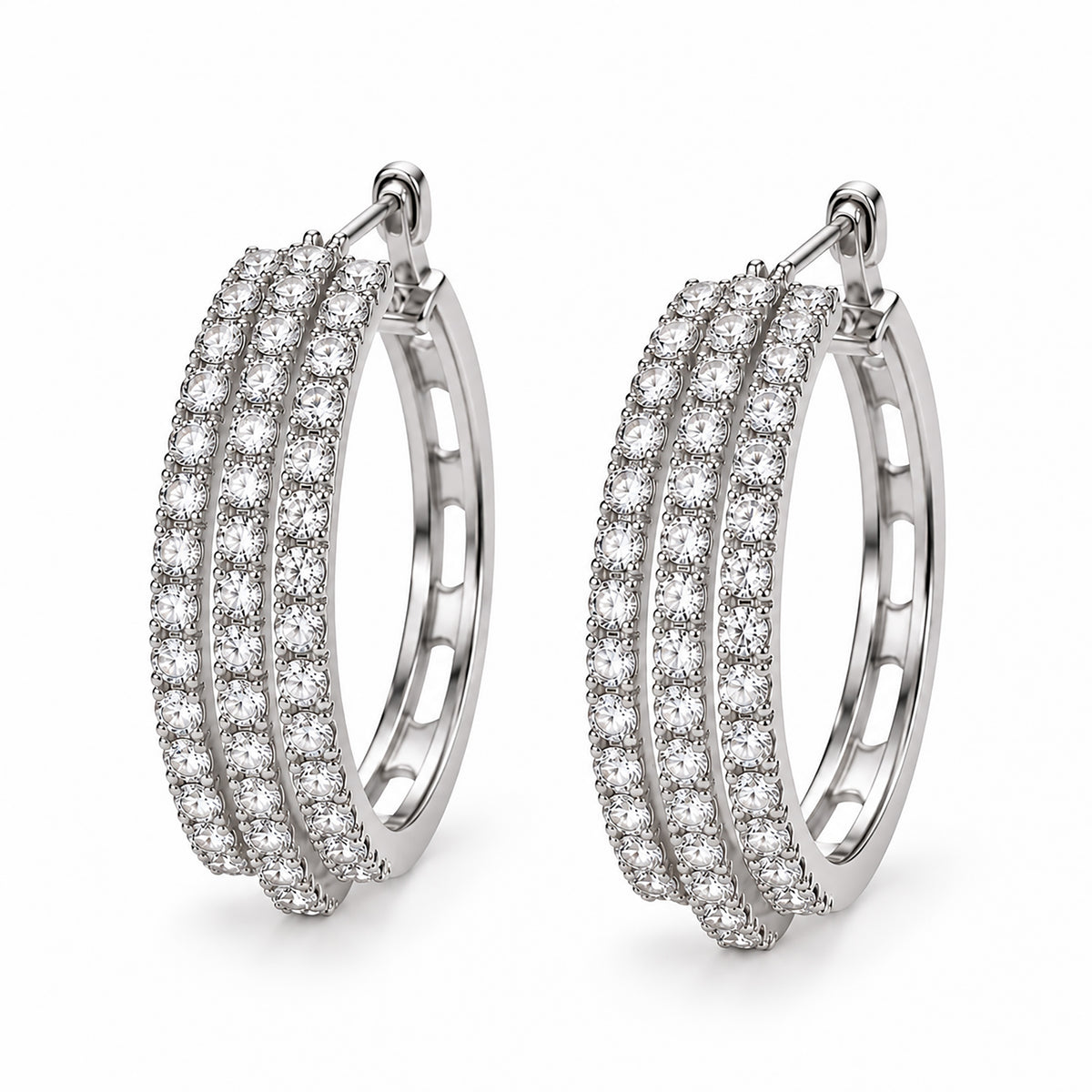 Moon Dust Silver Plated Triple Row White CZ Medium Sized Hoop Earrings for Women (MD_102_S)