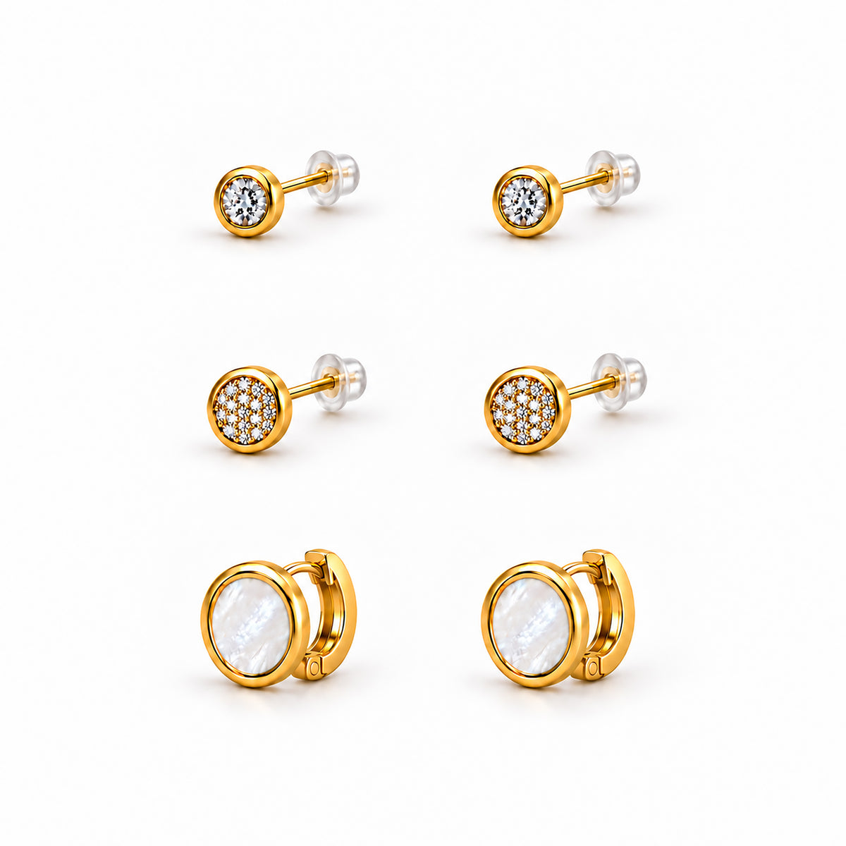 Moon Dust Gold Plated CZ Small Earring Stack Stud Combo of 3 for Women (MD_104_G)