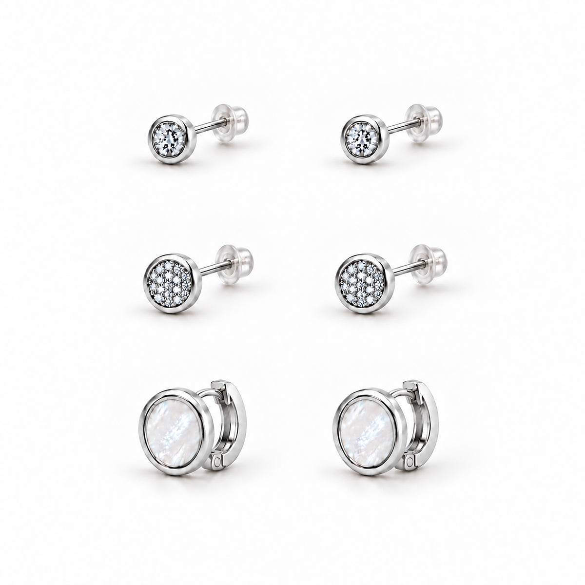 Moon Dust Silver Plated CZ Small Earring Stack Stud Combo of 3 for Women (MD_104_S)