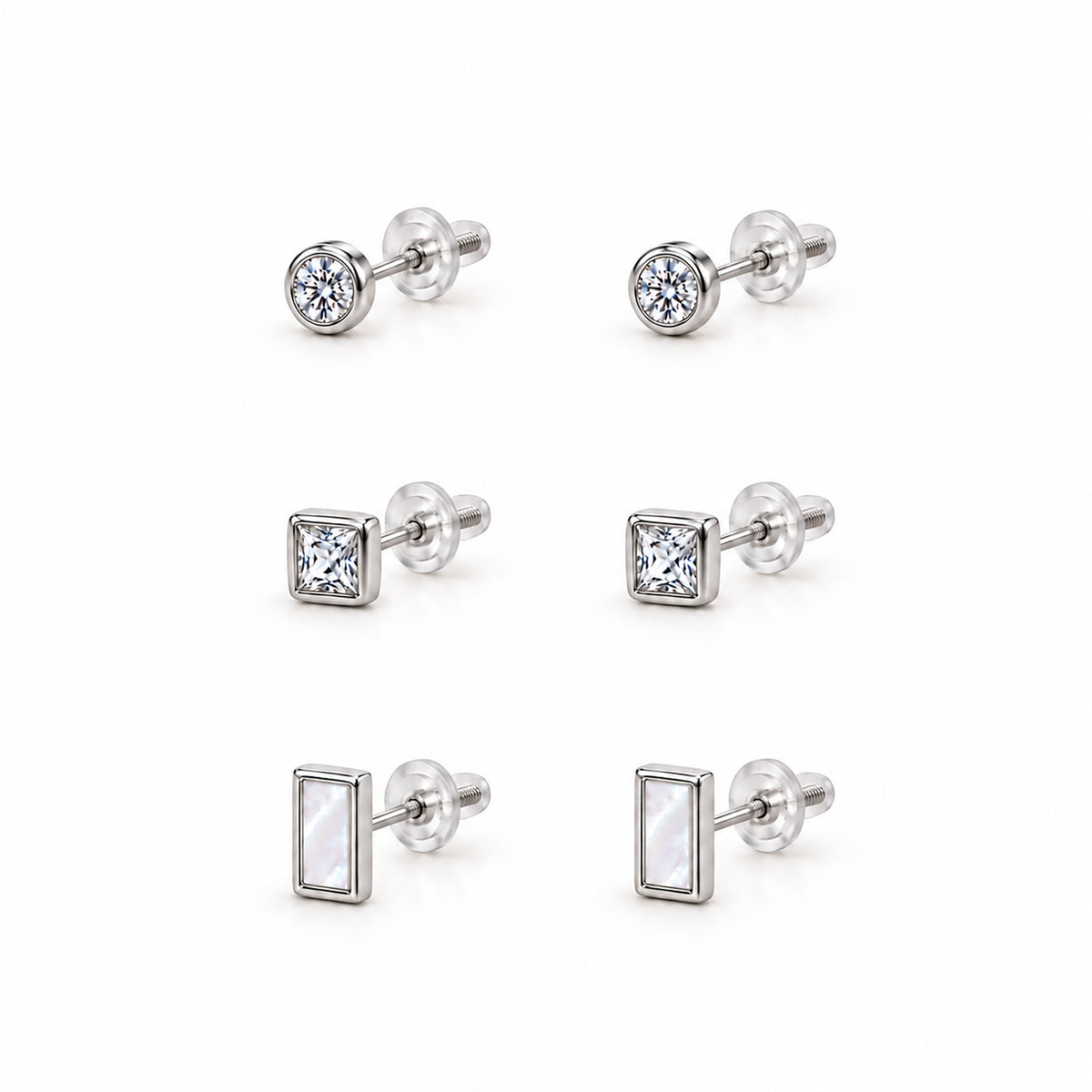 Moon Dust Rhodium Silver Plated CZ Rectangle Earring Stack Stud Combo of 3 for Women (MD_106_S)