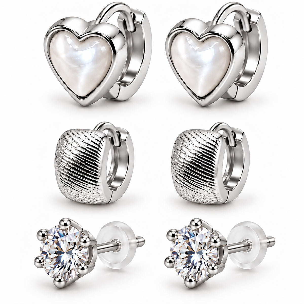 Moon Dust Rhodium Silver Plated CZ Stud & Huggie Hoop Earring Stack Stud Combo of 3 for Women (MD_107_S)