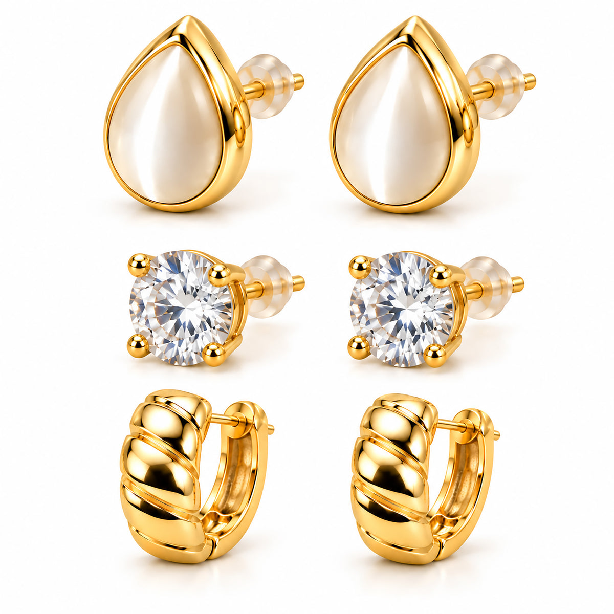 Moon Dust Gold Plated CZ Stud & Huggie Hoop Earring Stack Stud Combo of 3 for Women (MD_108_G)