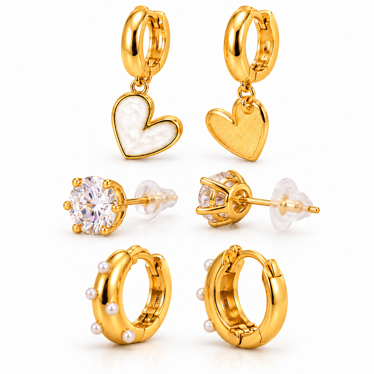 Moon Dust Gold Plated Pearl & CZ Huggie Earring Stack Stud Combo of 3 for Women (MD_109_G)