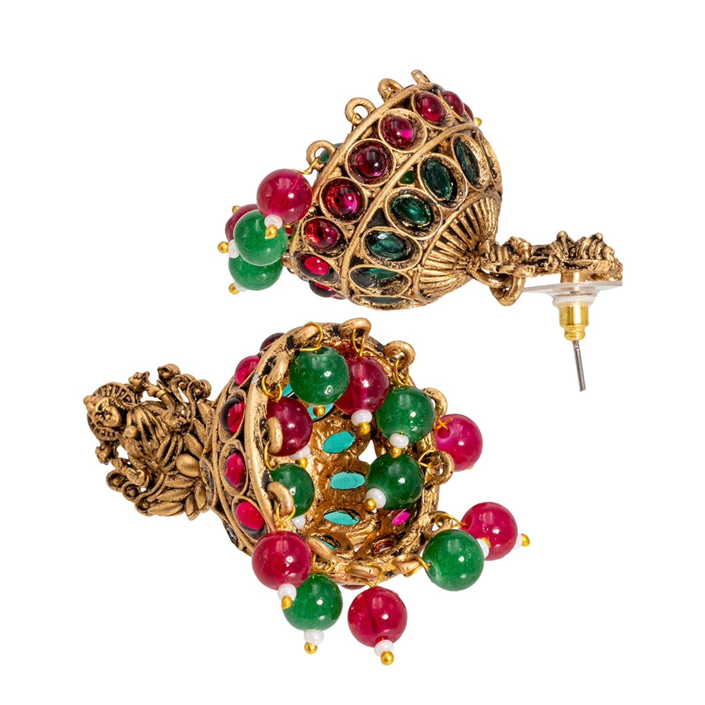 Shining Jewel Traditional Indian Matte Gold Oxidised CZ, Crystal Studded Temple Jhumka Earring For Women - Gold Ruby Green (SJE_102_G_R_G)