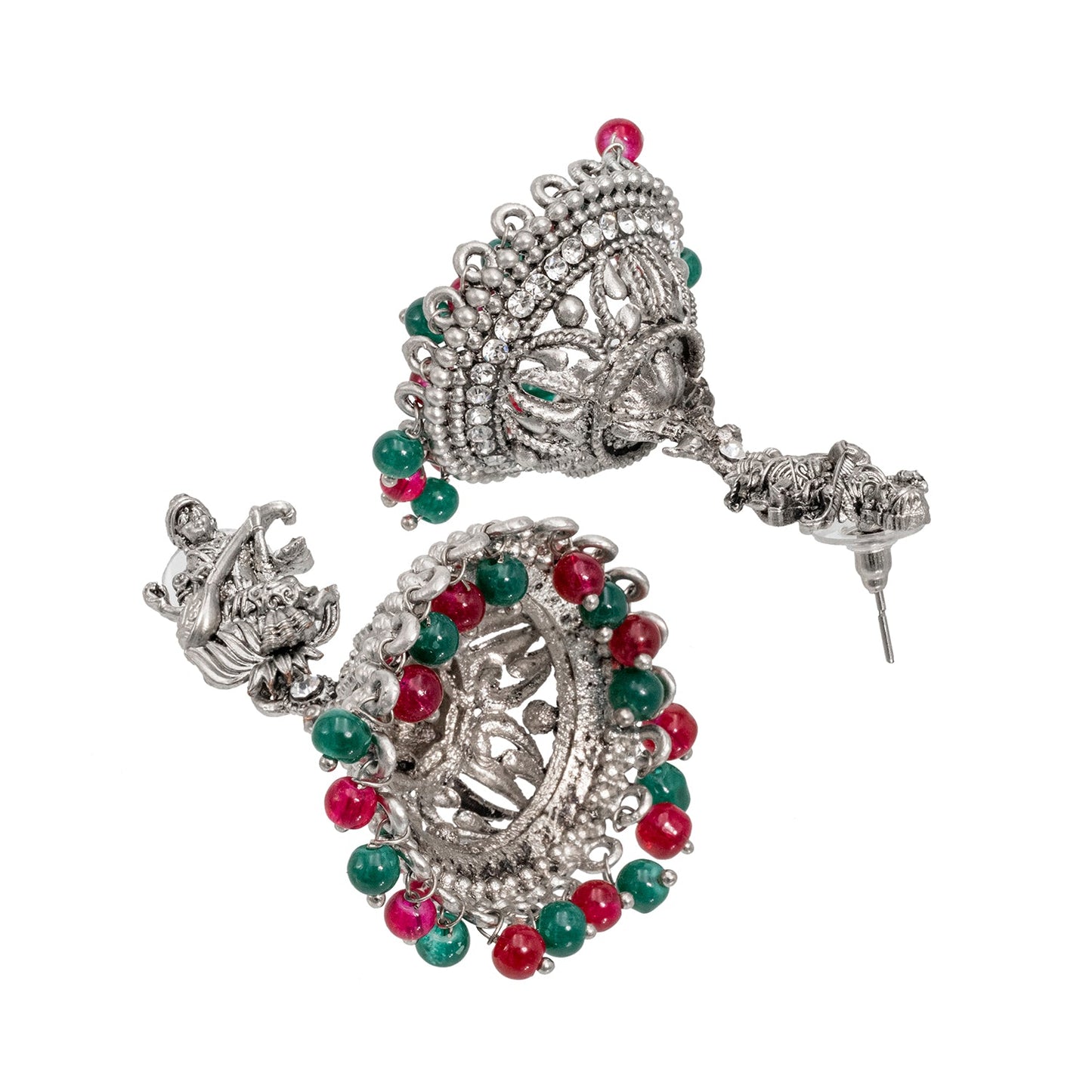Shining Jewel Traditional Indian Matte Silver Oxidised CZ, Crystal Studded Temple Jhumka Earring For Women - Silver Ruby Green (SJE_106_S_R_G)