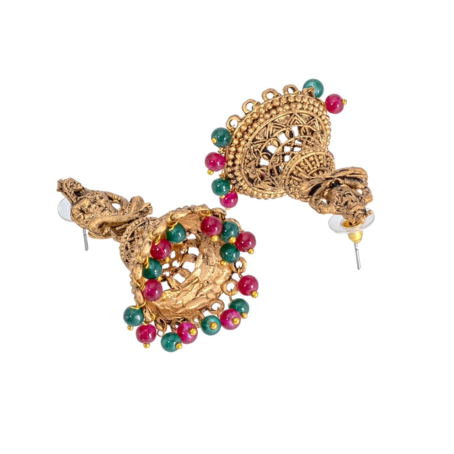 Shining Jewel Traditional Indian Matte Gold Oxidised CZ, Crystal Studded Temple Jhumka Earring For Women - Gold Ruby Green (SJE_107_G_R_G)