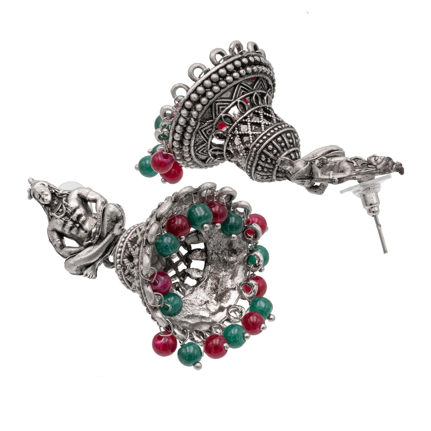 Shining Jewel Traditional Indian Matte Silver Oxidised CZ, Crystal Studded Temple Jhumka Earring For Women - Silver Ruby Green (SJE_107_S_R_G)