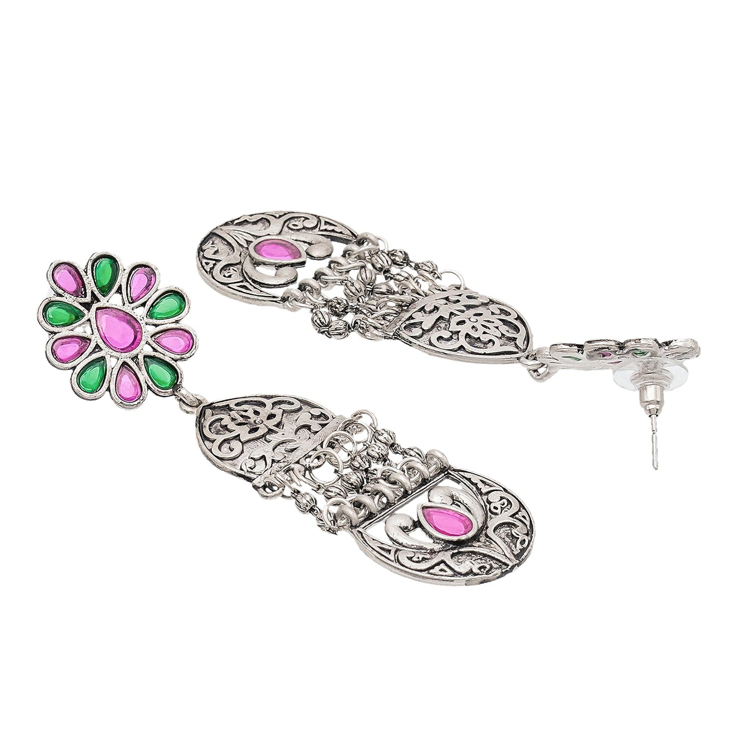 Shining Jewel Traditional Indian Matte Silver Oxidised CZ, Crystal Studded Temple Jhumka Earring For Women - Silver Ruby Greeen (SJE_117_S_R_G)