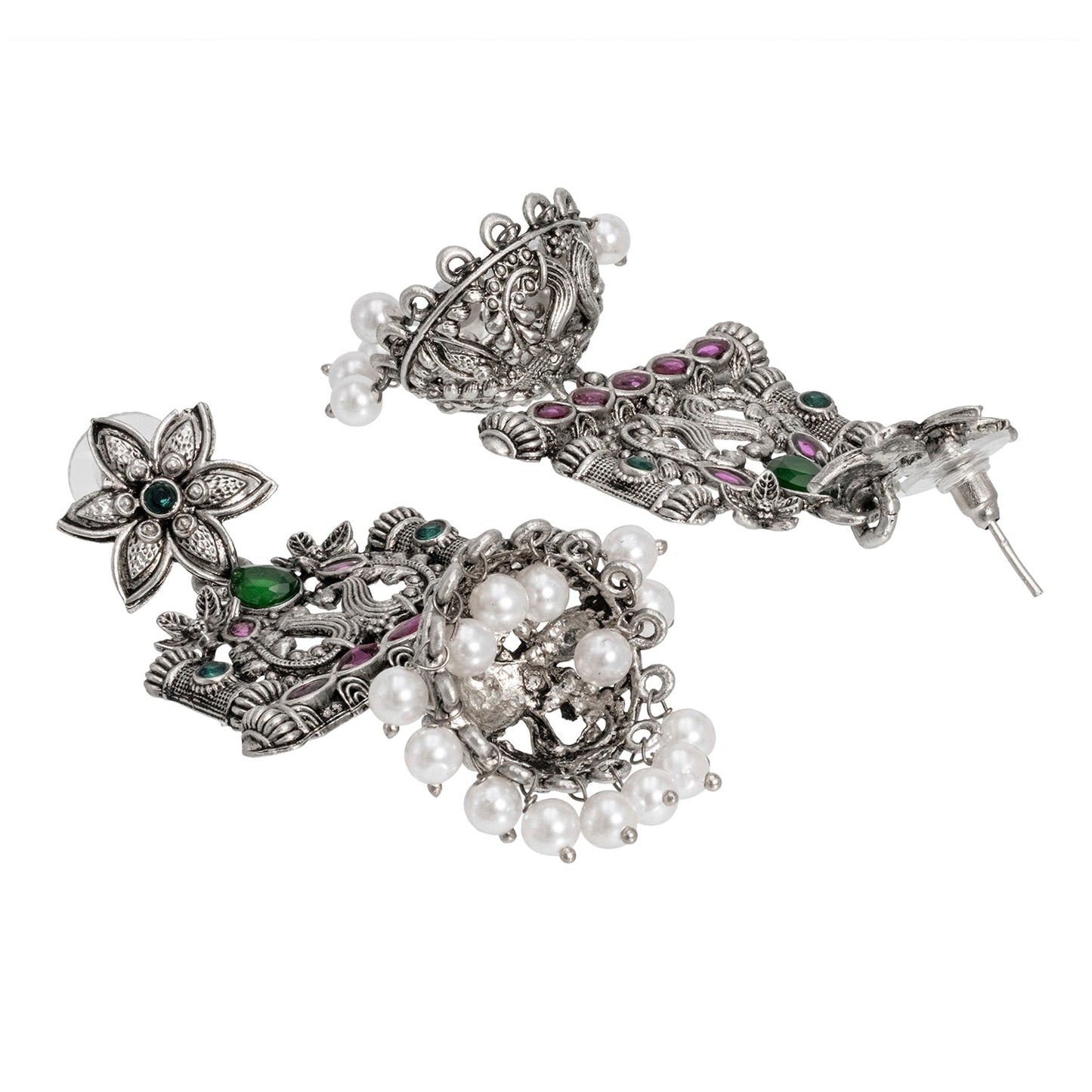 Shining Jewel Traditional Indian Antique Silver Oxidised CZ, Crystal Studded Drop Peacock Jhumka Earring For Women - Silver Ruby Green (SJE_120_S_R_G)