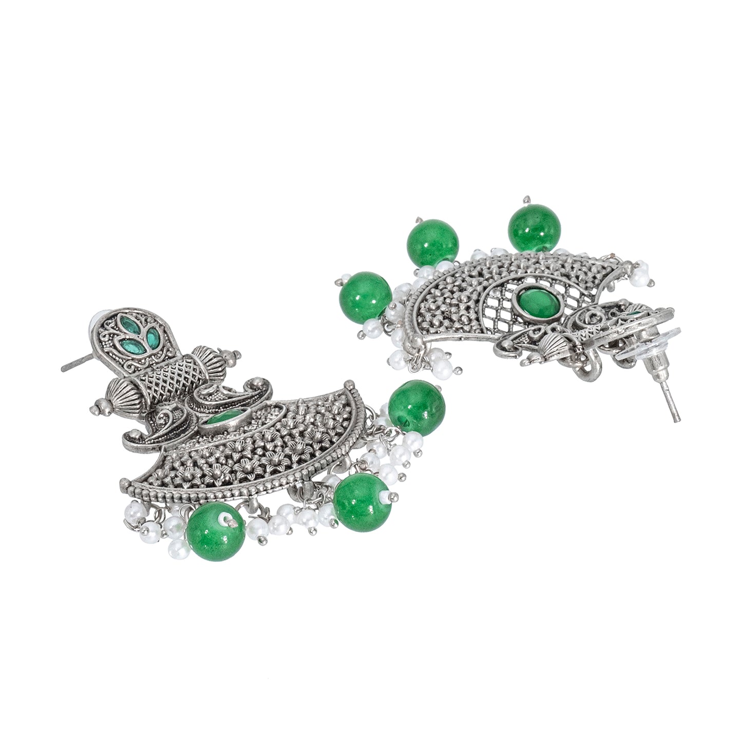 Traditional Indian Matte Silver Oxidised CZ Crystal Studded Drop Earring For Women - Silver Green (SJE_130_S_G)