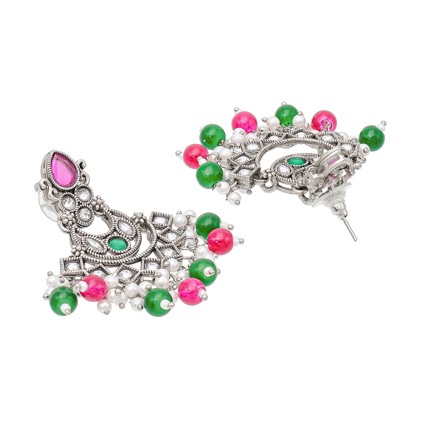 Traditional Indian Matte Silver Oxitised CZ Crystal Studded Chand Bali Earring For Women - Silver Green (SJE_134_S_G)