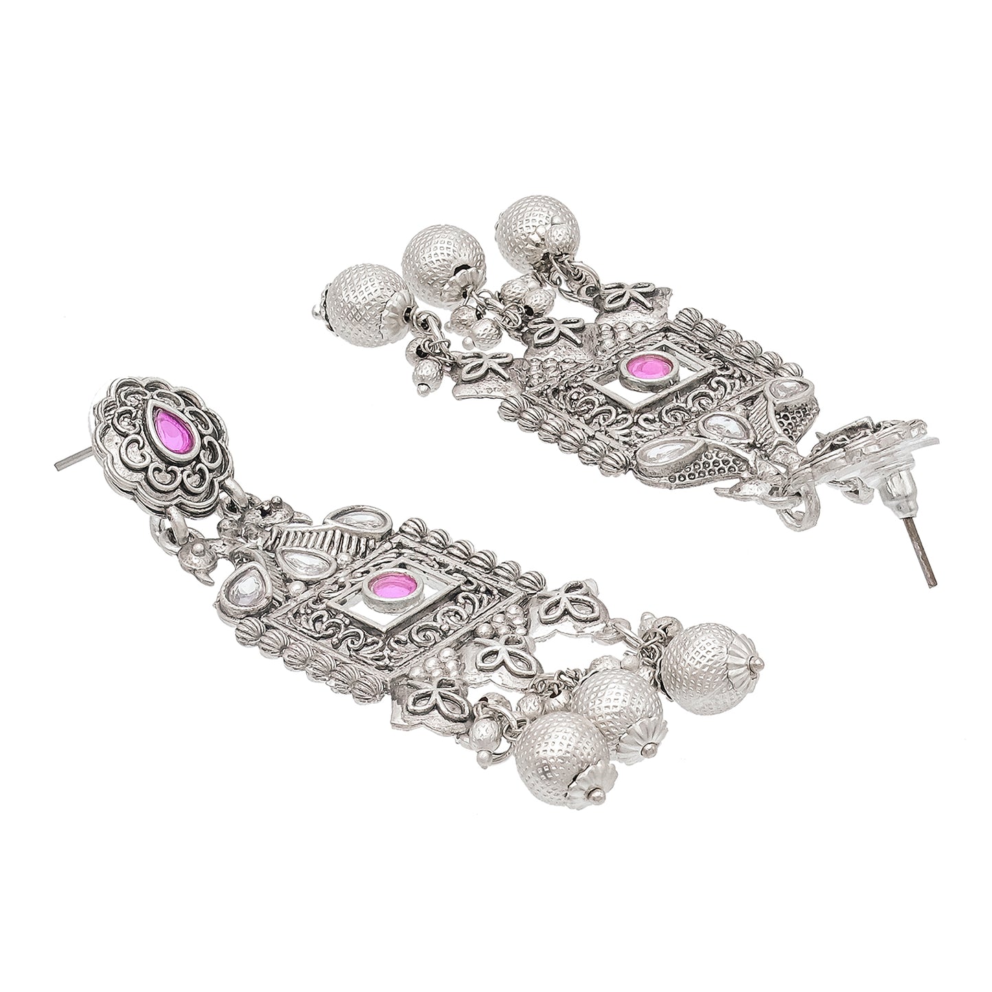 Traditional Indian Matte Silver Oxitised CZ Crystal Studded Drop Earring For Women - Silver White (SJE_135_S_W)