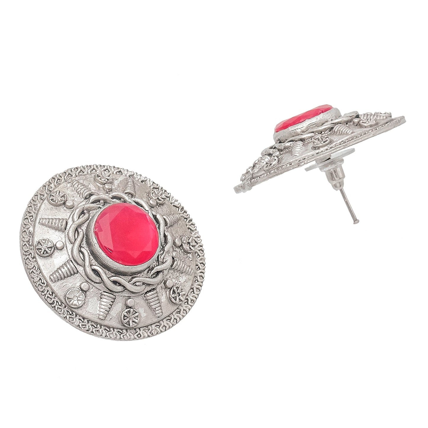 Traditional Indian Matte Silver Oxitised CZ, Crystal Studded Motif Stud Earring For Women - (SJE_140_S_R)