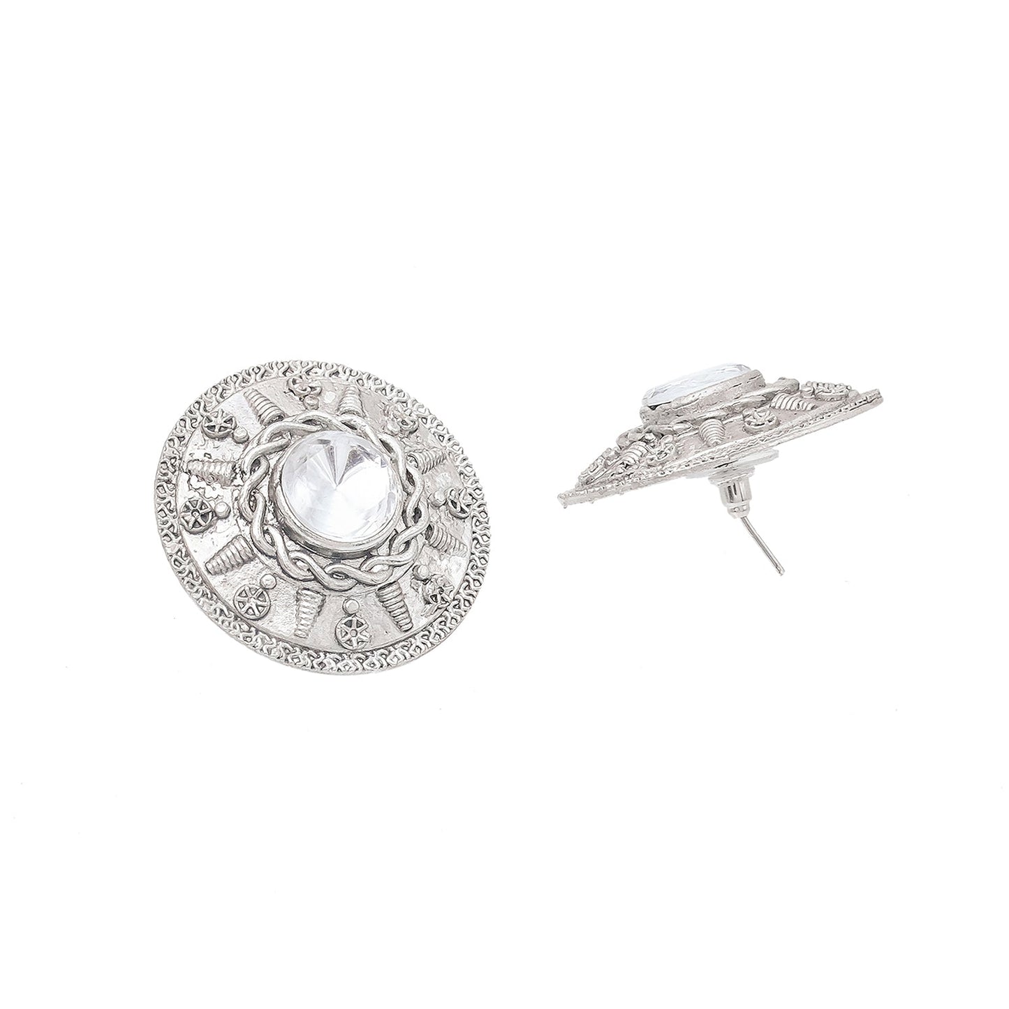 Traditional Indian Matte Silver Oxitised CZ, Crystal Studded Motif Stud Earring For Women - (SJE_140_S_W)