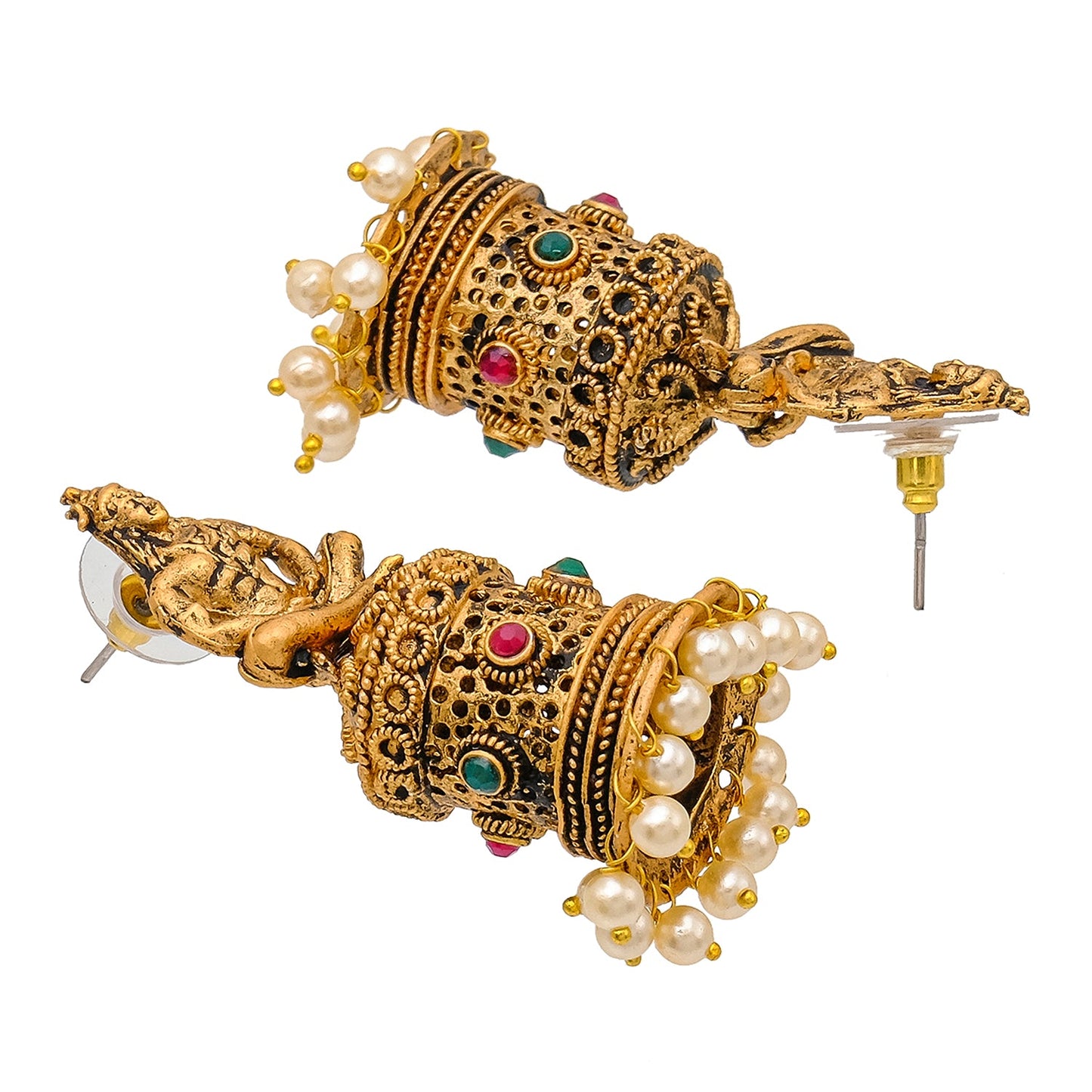 Shining Jewel Traditional Indian Matte Gold Oxitised CZ, Crystal Studded Temple Jhumka Earring For Women - Gold Ruby Green (SJE_172_G_R_G)