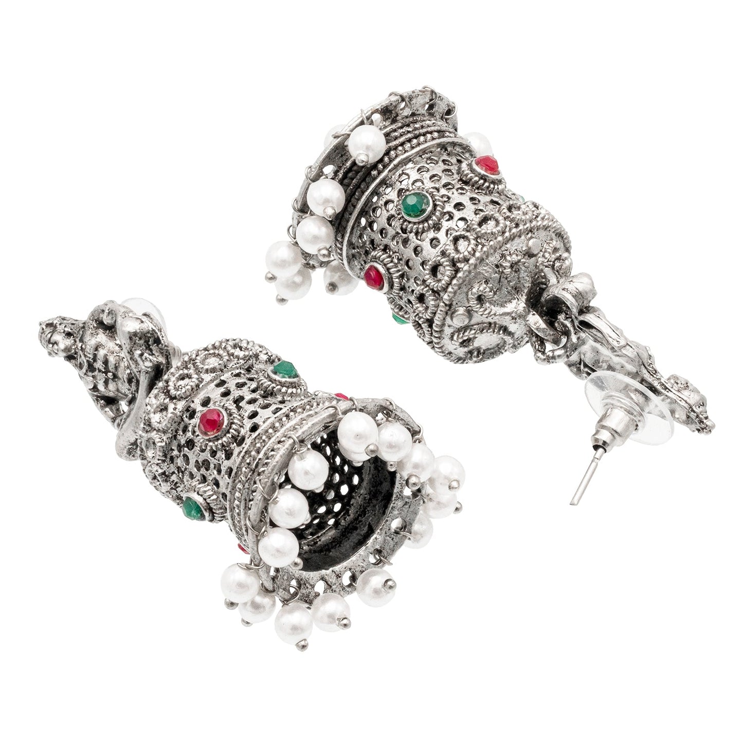 Shining Jewel Traditional Indian Matte Silver Oxidised CZ, Crystal Studded Temple Jhumka Earring For Women - Silver Ruby Green (SJE_172_S_R_G)