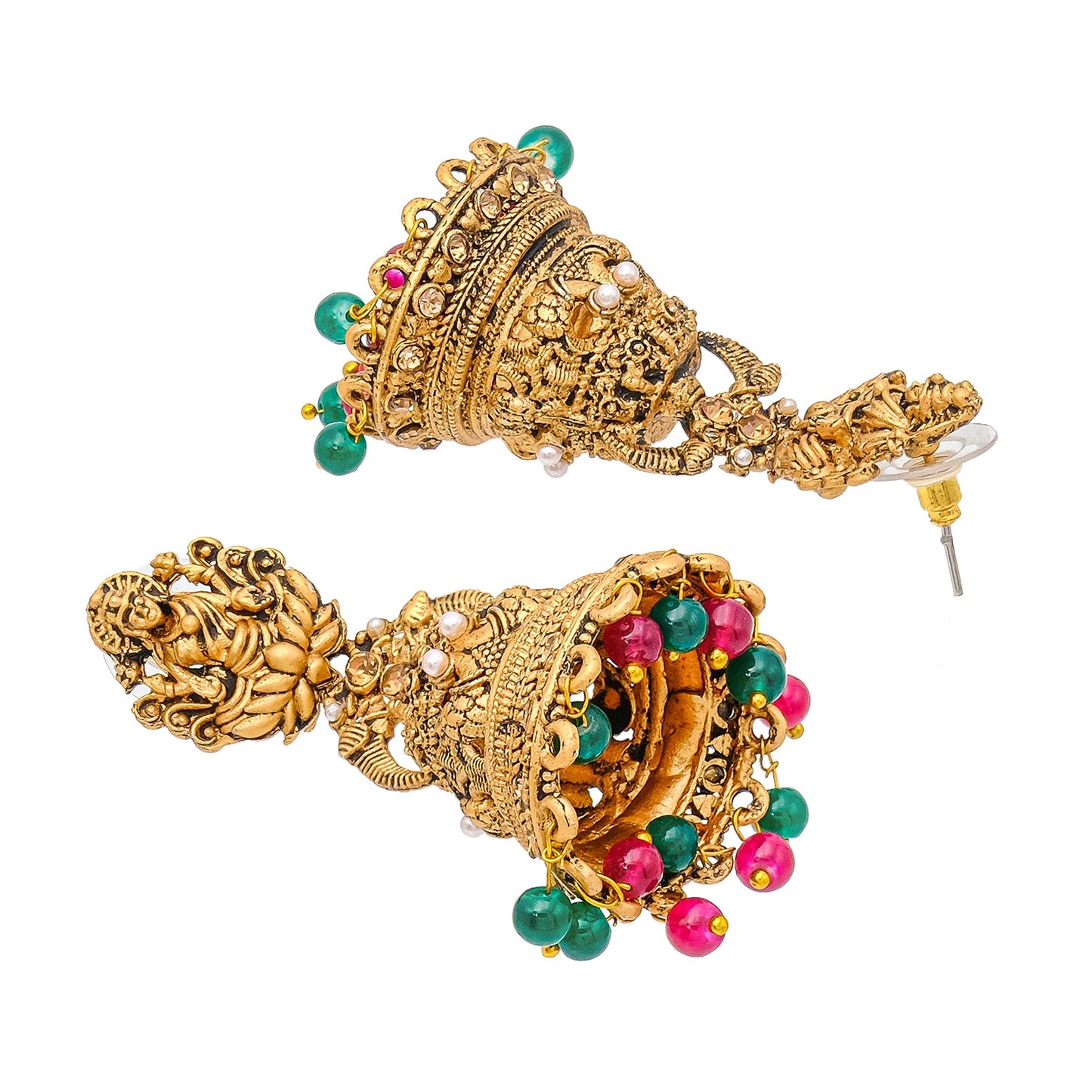 Shining Jewel Traditional Indian Matte Gold Oxidised CZ, Crystal Studded Temple Jhumka Earring For Women - Gold Ruby Green (SJE_176_G_R_G)