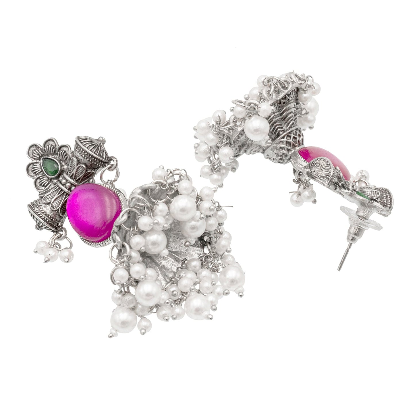 Shining Jewel Traditional Indian Matte Silver Oxidised CZ, Crystal Studded Damroo Jhumka Earring For Women - Silver Ruby Green (SJE_182_S_R_G)