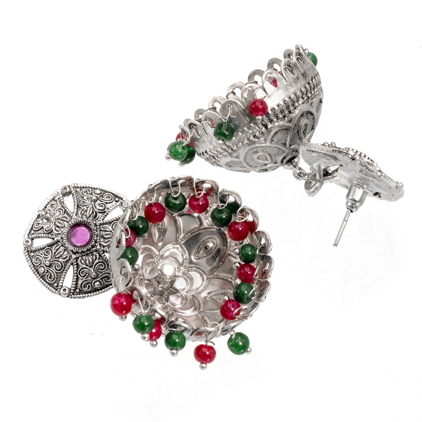 Shining Jewel Traditional Indian Matte Silver Oxidised CZ, Crystal Studded Jhumka Earring For Women - Silver Ruby Green (SJE_184_S_R_G)