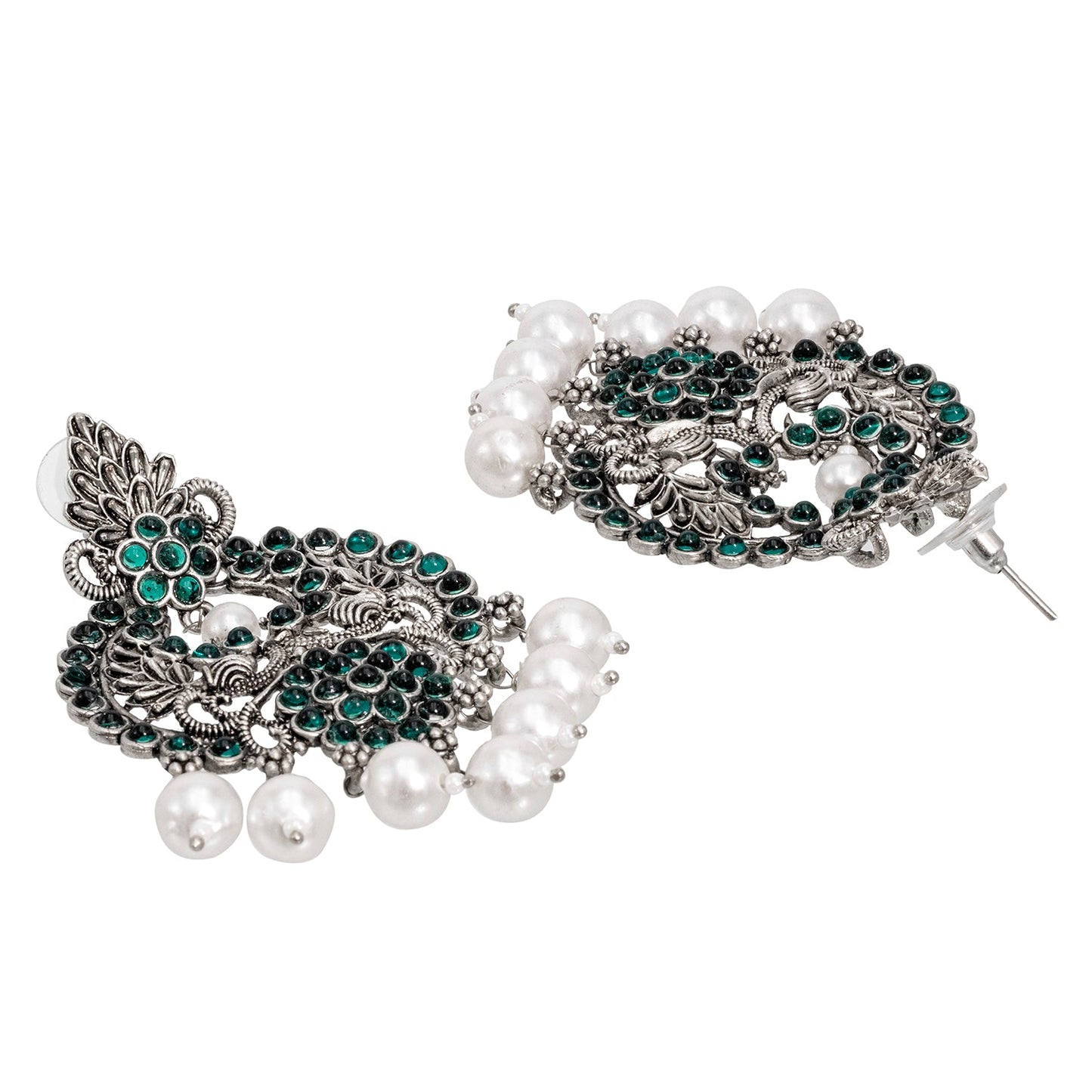 Shining Jewel Traditional Indian Matte Silver Oxidised CZ, Crystal Studded Chand Bali Earring For Women - Silver Green (SJE_188_S_G)