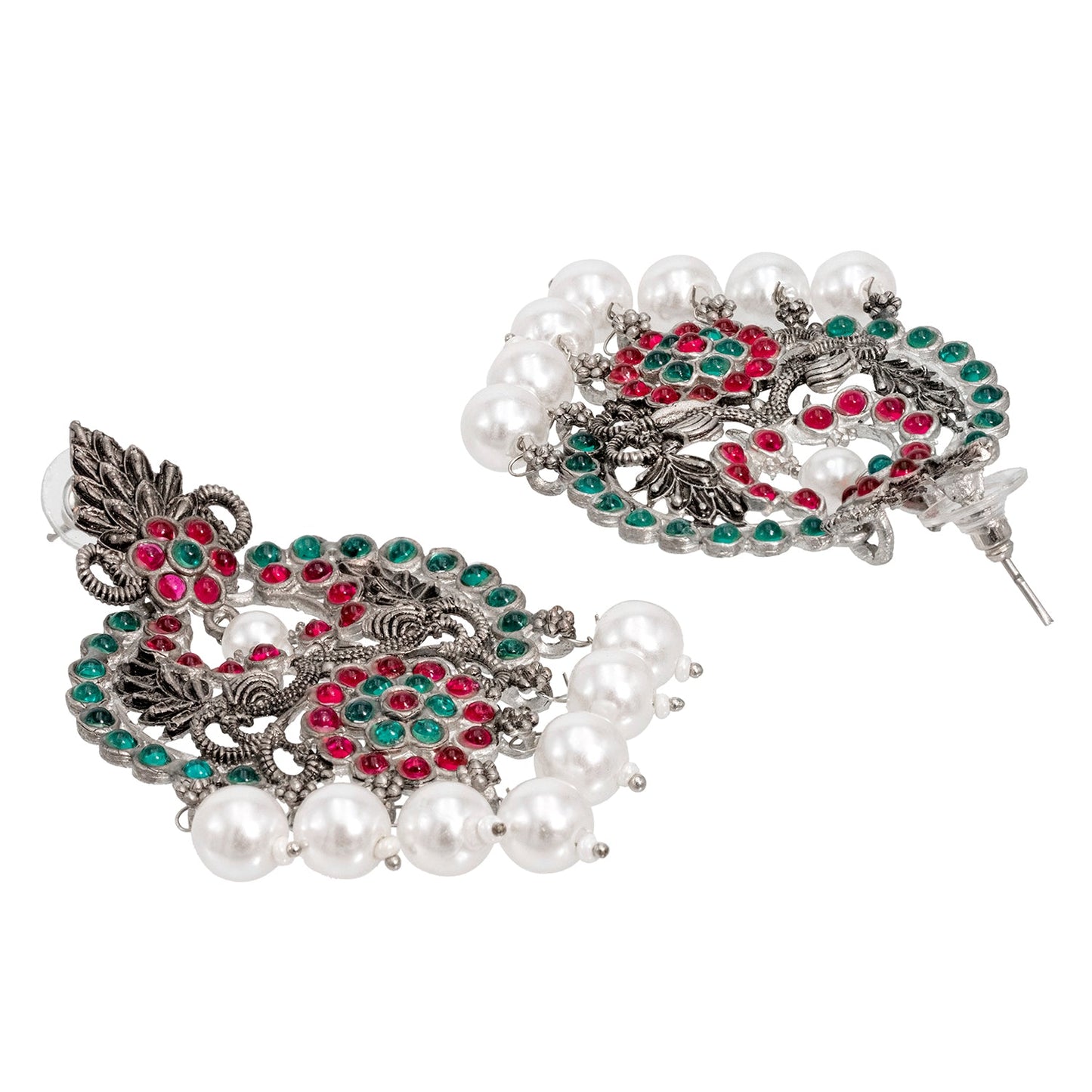 Shining Jewel Traditional Indian Matte Silver Oxidised CZ, Crystal Studded Chand Bali Earring For Women - Silver Ruby Green (SJE_188_S_R_G)