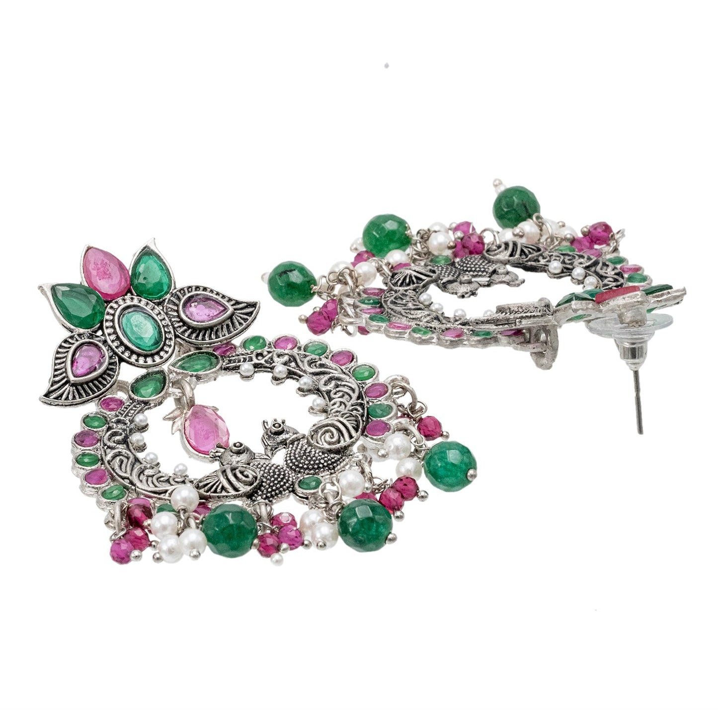 Shining Jewel Traditional Indian Matte Silver Oxidised CZ, Crystal Studded Peacock Chand Bali Earring For Women - Silver Ruby Green (SJE_189_S_R_G)