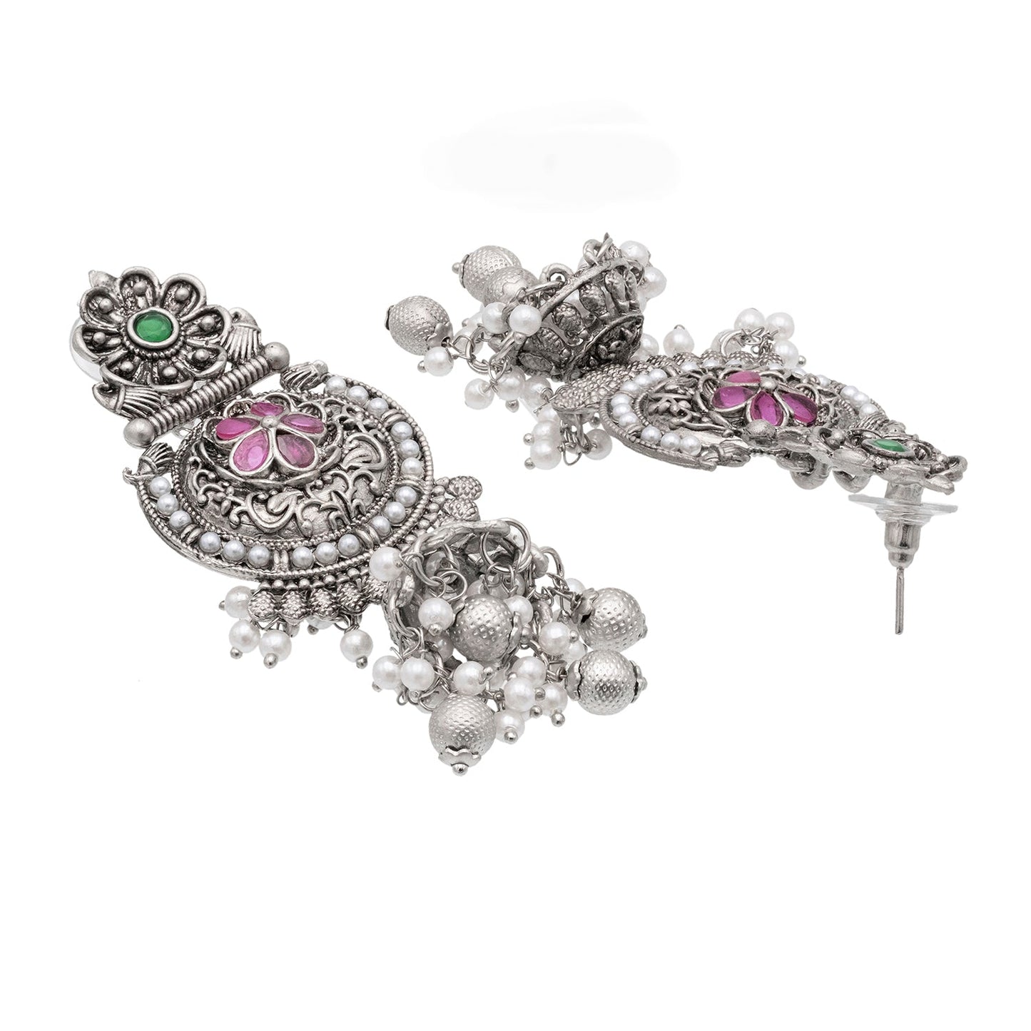 Traditional Indian Silver Oxidised CZ, Crystal Studded Jhumka Chand Bali Earring For Women - Silver Ruby Green (SJE_195_S_R_G)