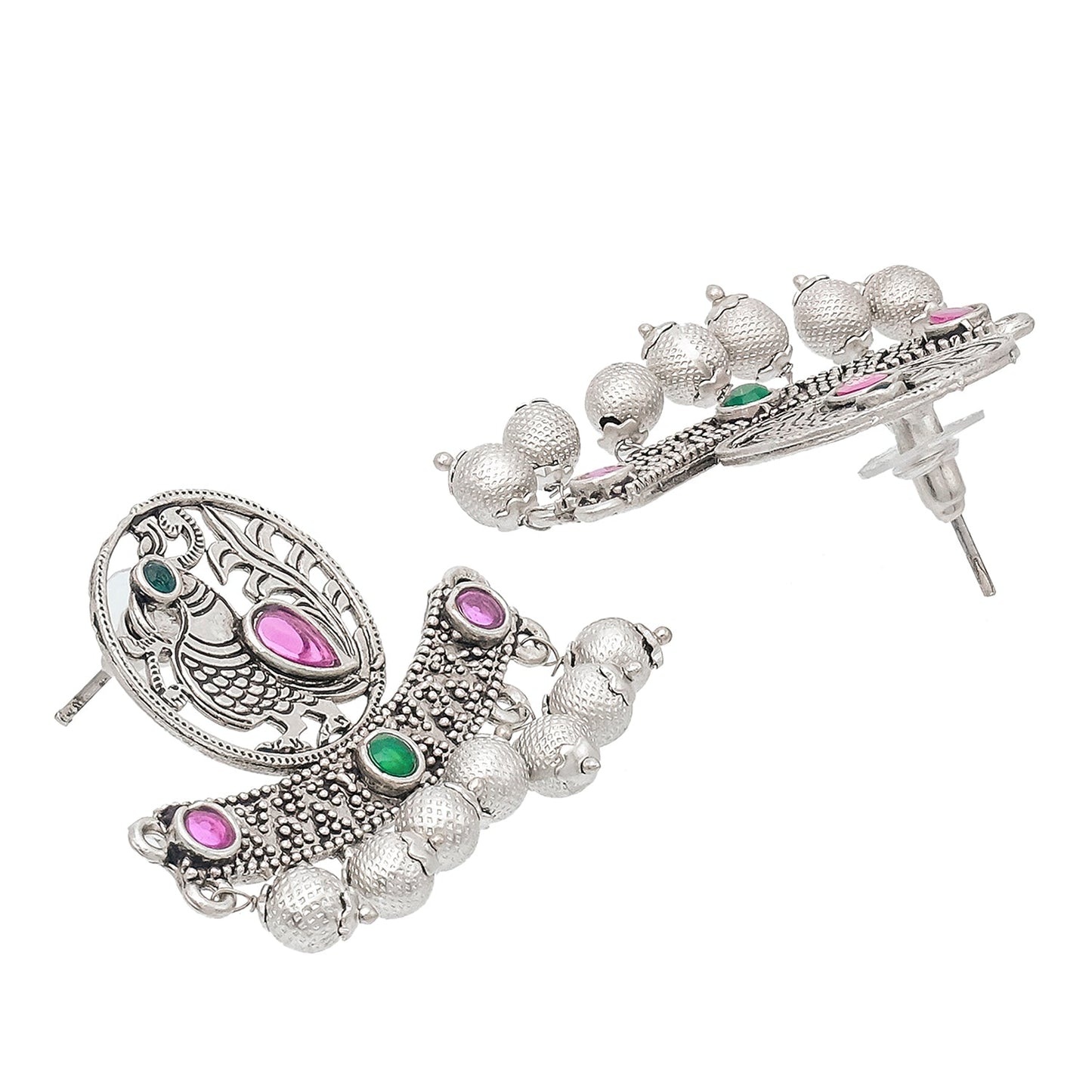 Traditional Indian Antique Silver Oxidised CZ, Drop Earring For Women - Silver Ruby Green (SJE_197_S_R_G)