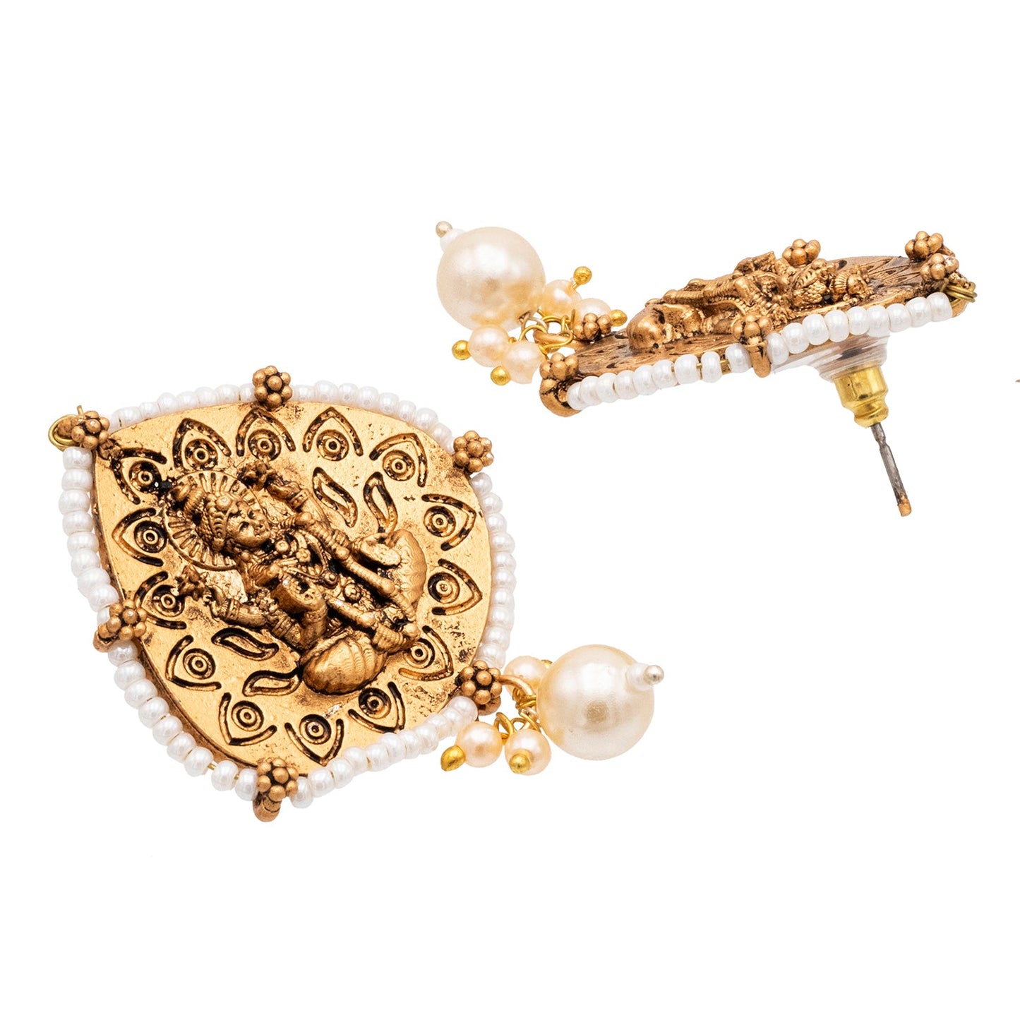 Traditional Indian Matte Gold Oxidised CZ, Crystal Studded Leaf Temple Earring For Women- Gold White (SJE_203_G_W)
