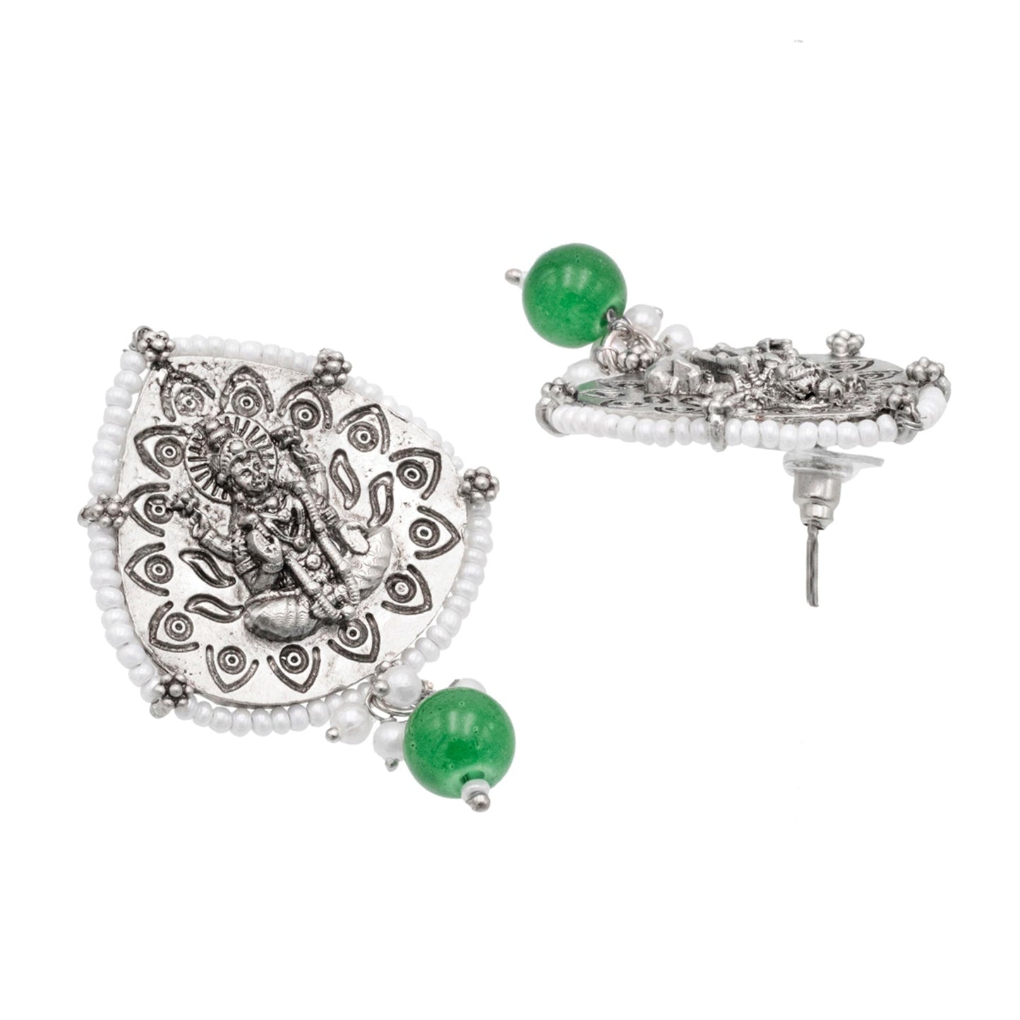 Traditional Indian Matte Silver Oxidised CZ, Crystal Studded Leaf Temple Earring For Women- Silver Green (SJE_203_S_G)