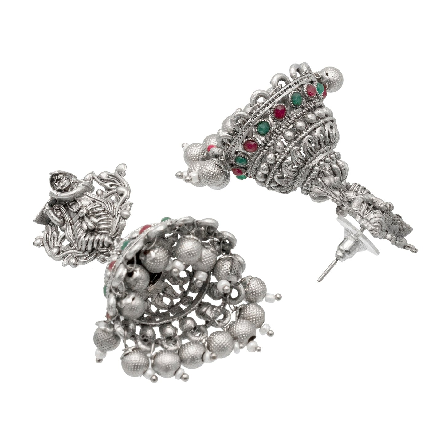 Traditional Indian Matte Silver Oxidised CZ, Crystal Studded Temple Jhumka Earring For Women - Silver Ruby Green (SJE_208_S_R_G)