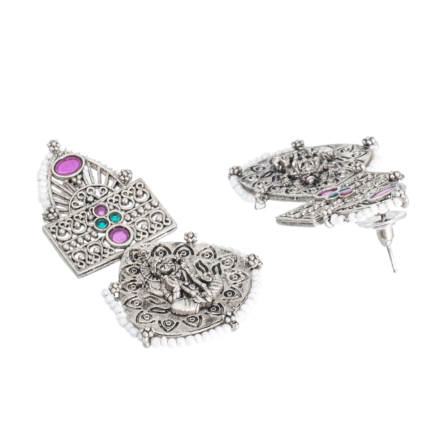 Traditional Indian Matte Silver Oxidised CZ, Crystal Studded Leaf Laxmi Temple Earring For Women- Silver Ruby Green (SJE_209_S_R_G)