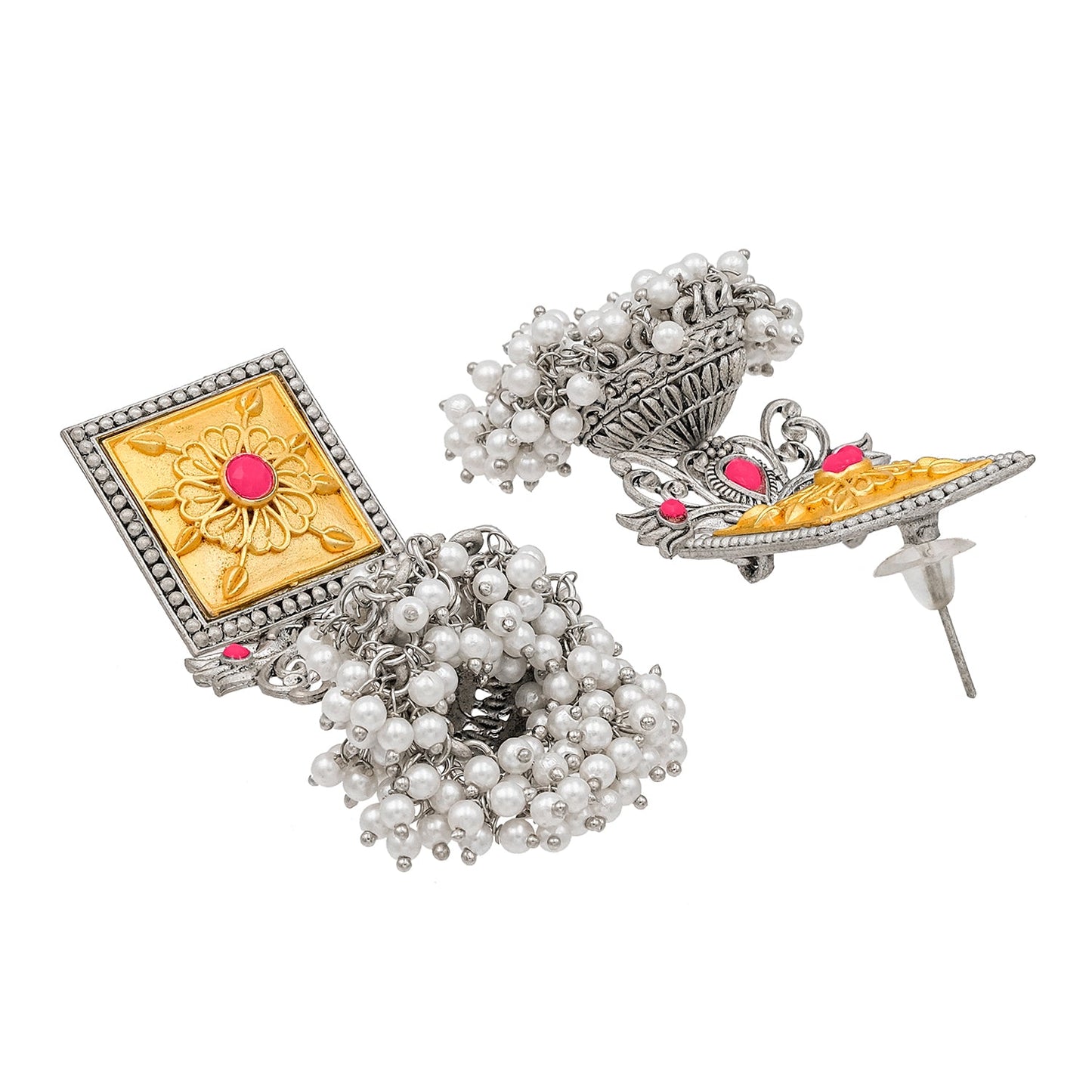 Traditional Indian Matte Gold Antique Oxidised Silver CZ, Crystal Studded Jhumka Earring For Women -Two Tone Maroon (SJE_213_M)