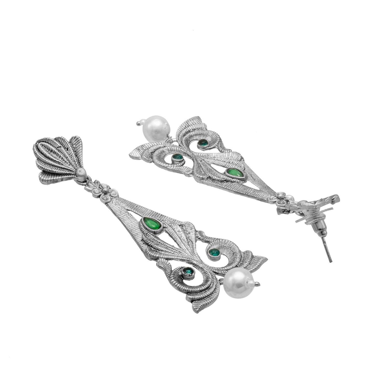 Traditional Indian Matte Silver Oxidised CZ, Crystal Studded Drop Earring For Women - (SJE_217_S_G)