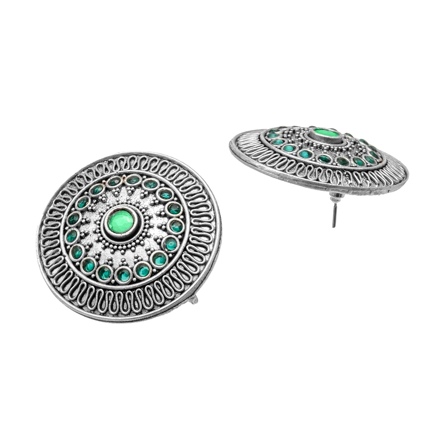 Traditional Indian Matte Silver Oxidised CZ, Crystal Oversized Stud Earring For Women - Silver, Green(SJE_218_S_G)