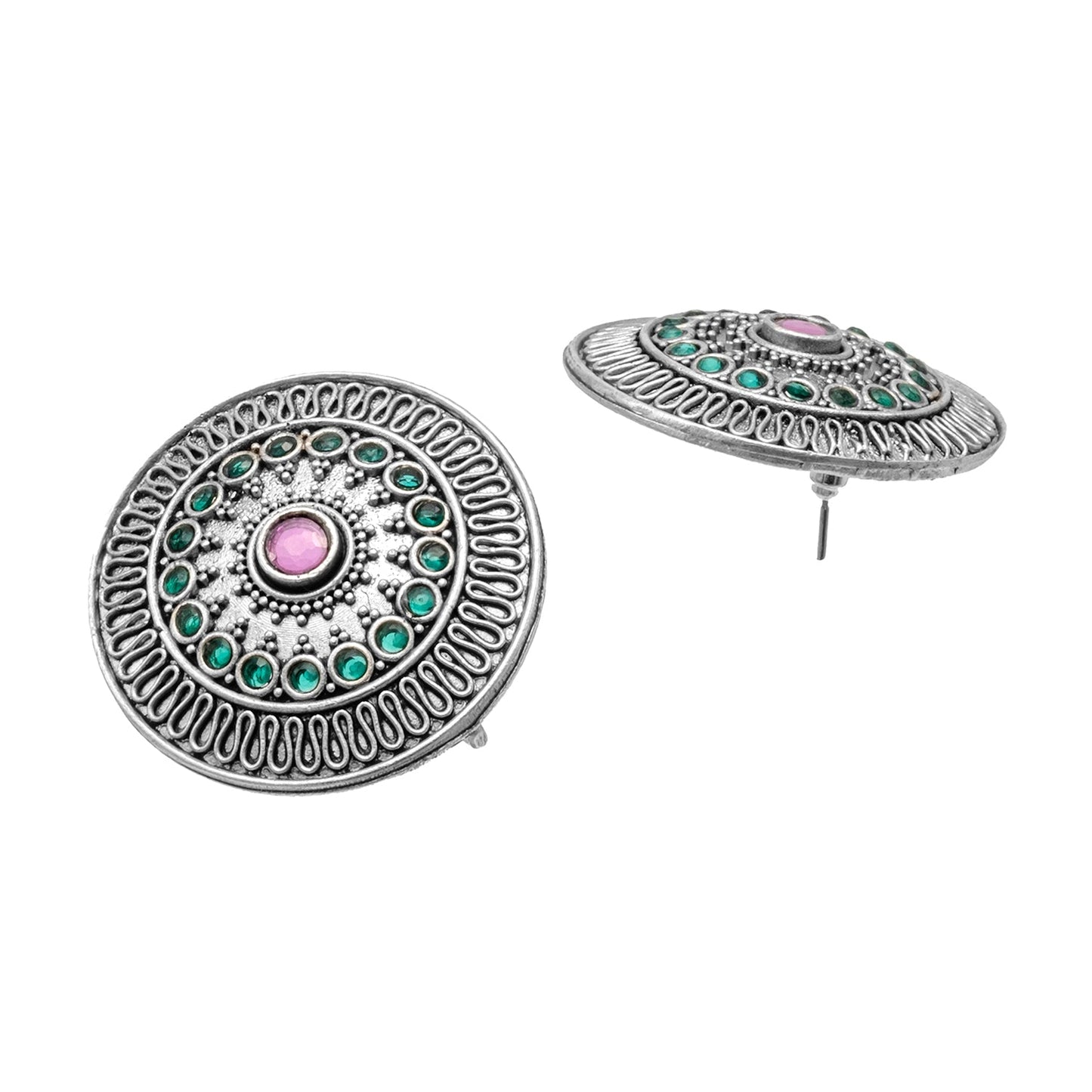 Traditional Indian Matte Silver Oxidised CZ, Crystal Oversized Stud Earring For Women - Silver, Ruby, Green(SJE_218_S_R_G)