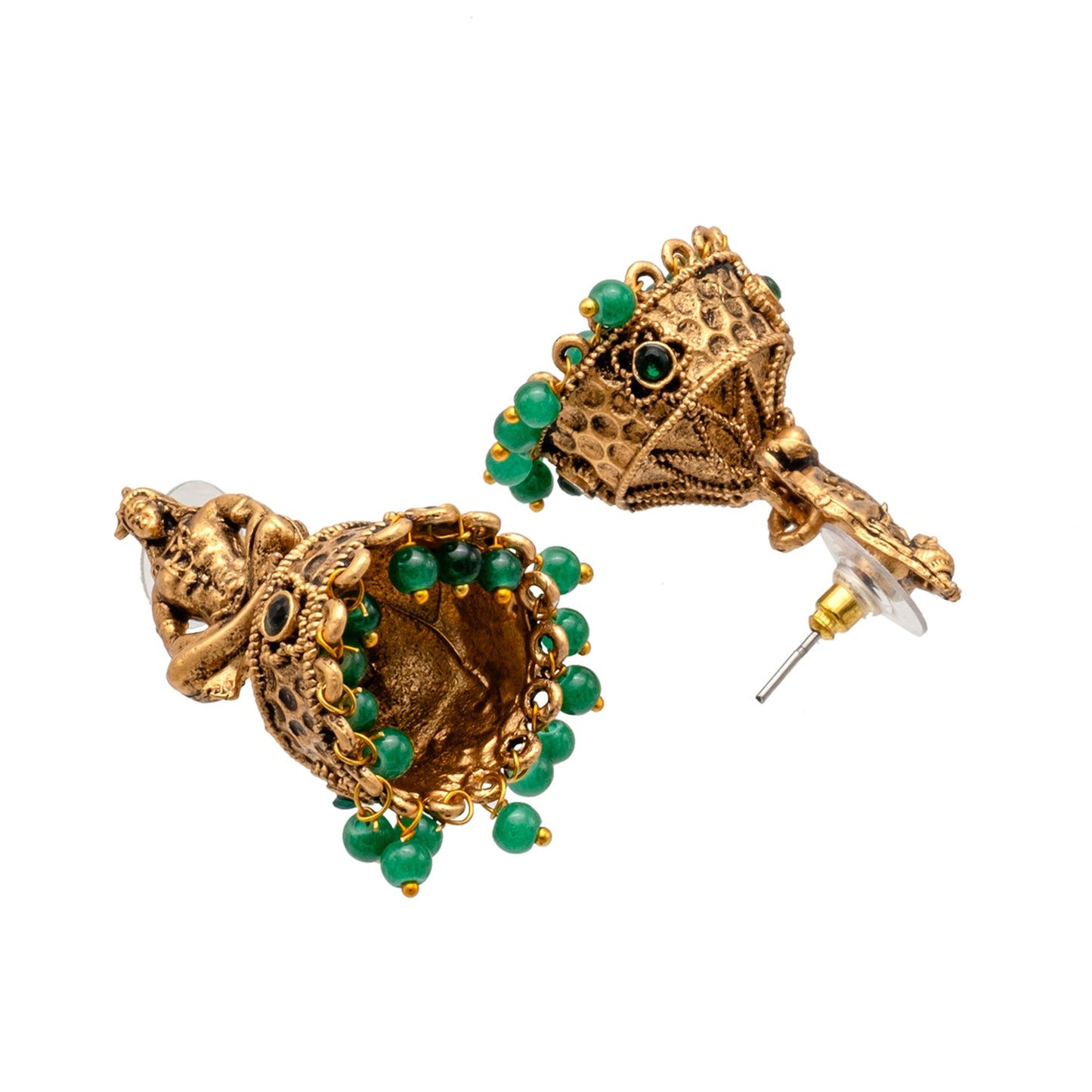 Traditional Indian Matte Gold Oxidised CZ, Crystal Studded Temple Jhumka Earring For Women - Gold, Green (SJE_219_G_G)