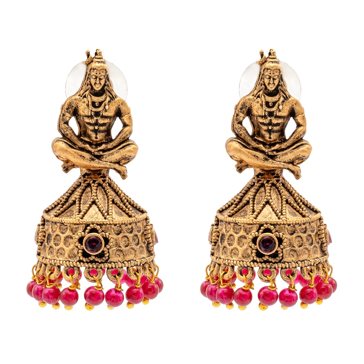 Traditional Indian Matte Gold Oxidised CZ, Crystal Studded Temple Jhumka Earring For Women - Gold,Maroon (SJE_219_M)