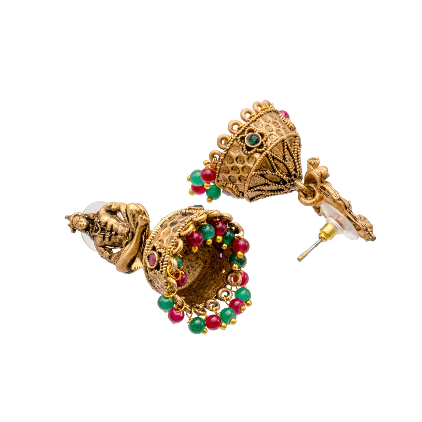 Traditional Indian Matte Gold Oxidised CZ, Crystal Studded Temple Jhumka Earring For Women - Gold, Ruby, Green (SJE_219_G_R_G)