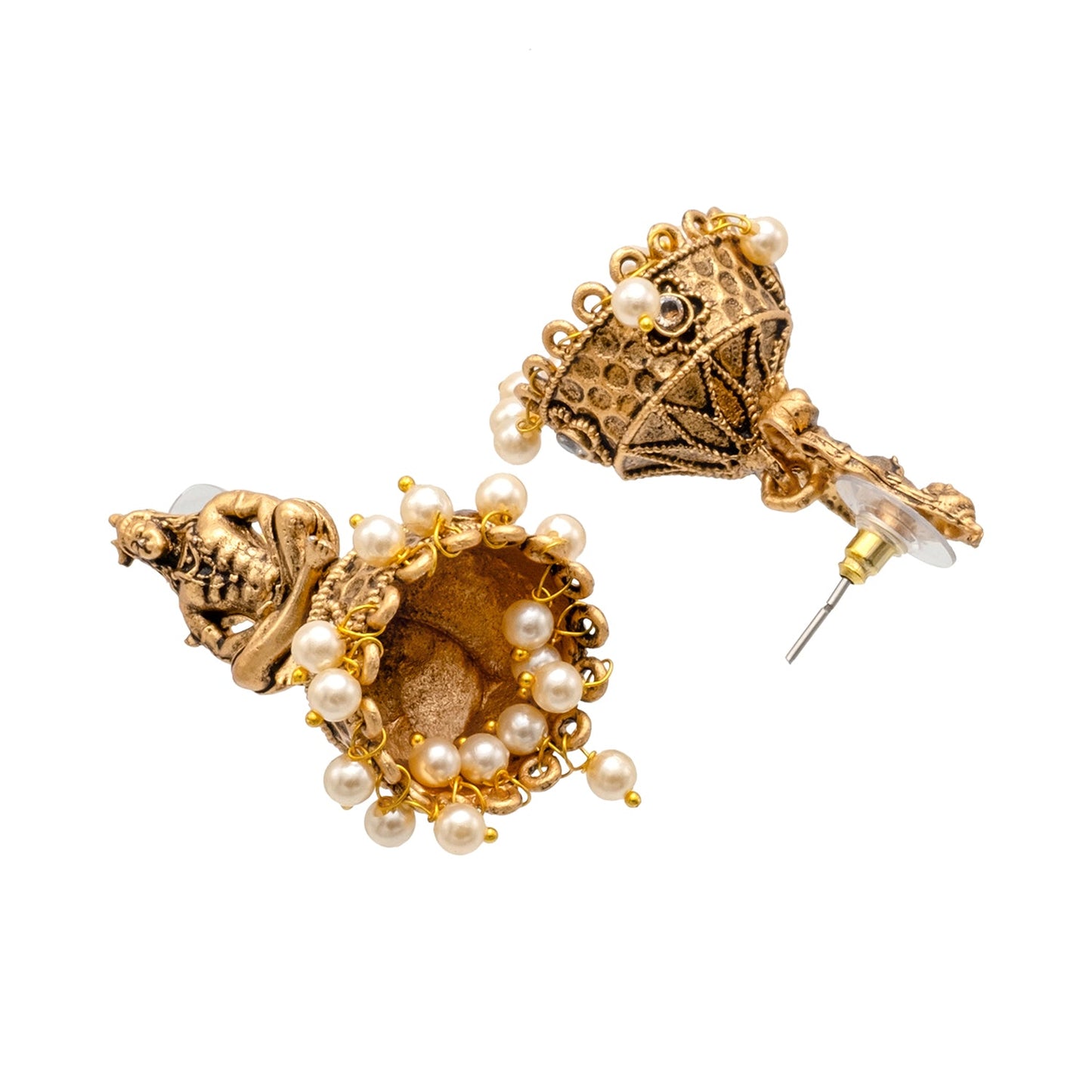 Traditional Indian Matte Gold Oxidised CZ, Crystal Studded Temple Jhumka Earring For Women - Gold, White (SJE_219_G_W)