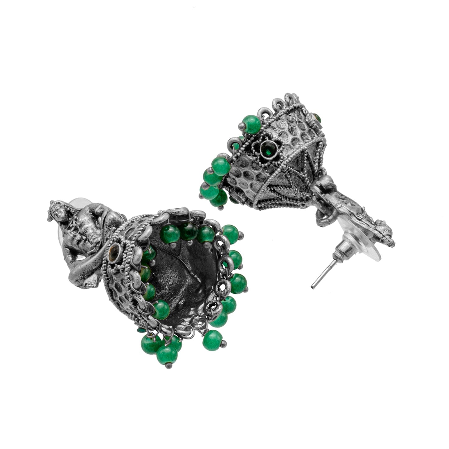 Traditional Indian Matte Silver Oxidised CZ, Crystal Studded Temple Jhumka Earring For Women-Silver, Green (SJE_219_S_G)