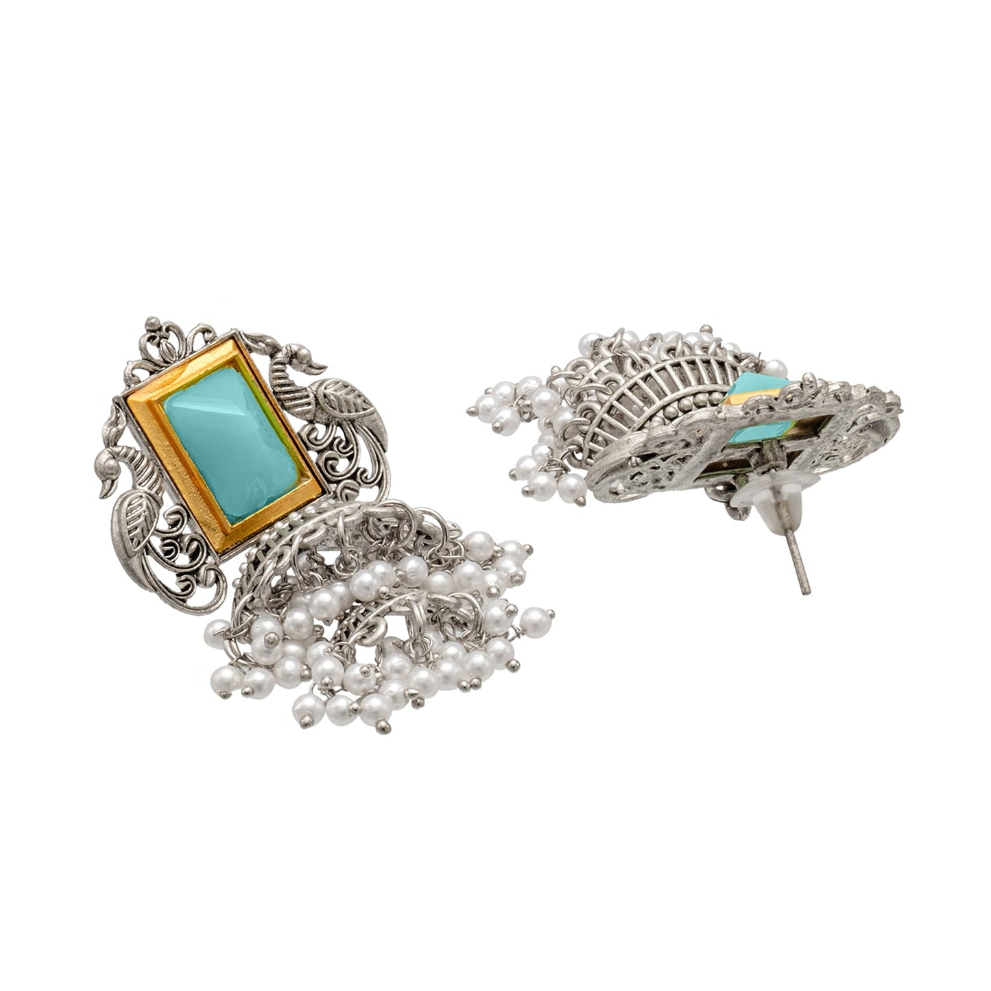 Traditional Indian Matte Antique Oxidised Silver CZ, Crystal Studded Peacock Drop Earring For Women - Aqua(SJE_225_AQ)