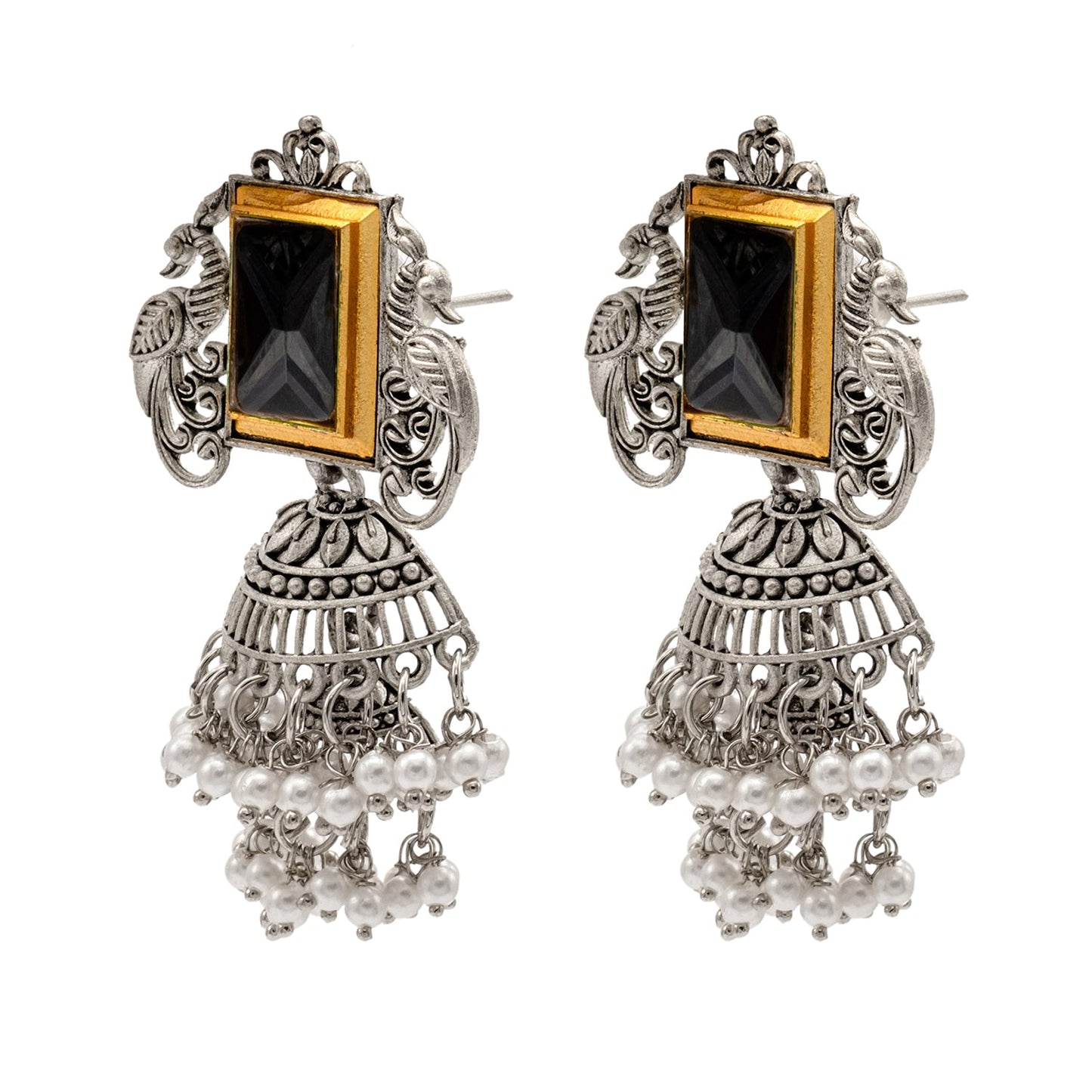 Traditional Indian Matte Antique Oxidised Silver CZ, Crystal Studded Peacock Drop Earring For Women - Black (SJE_225_BK)