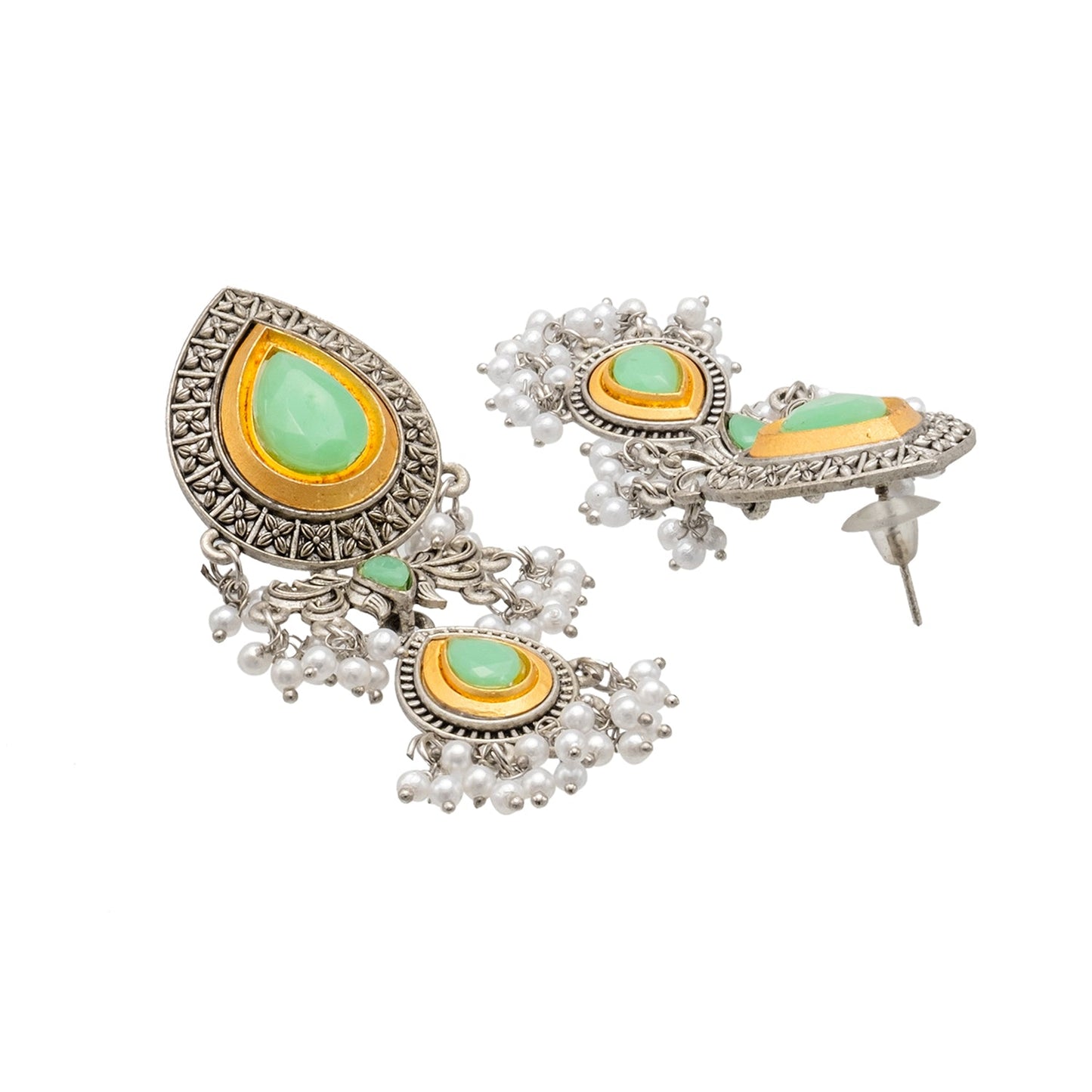 Shining Jewel Traditional Indian Matte Antique Oxidised Silver CZ, Crystal Studded Drop Earring For Women - Light Green (SJE_228_LG)