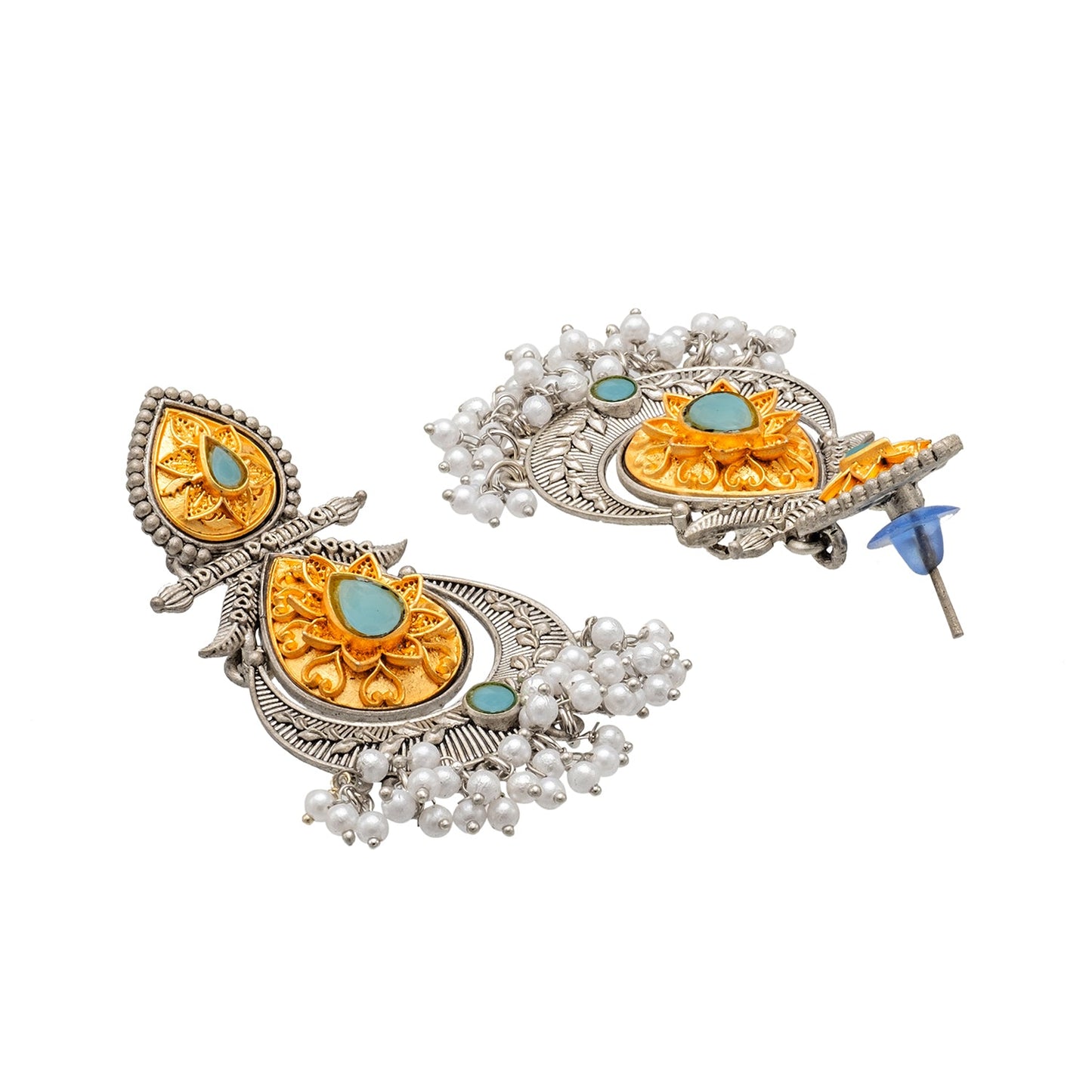 Shining Jewel Traditional Indian Matte Antique Oxidised Silver CZ, Crystal Studded Drop Earring For Women - Turquoise (SJE_229_AQ)