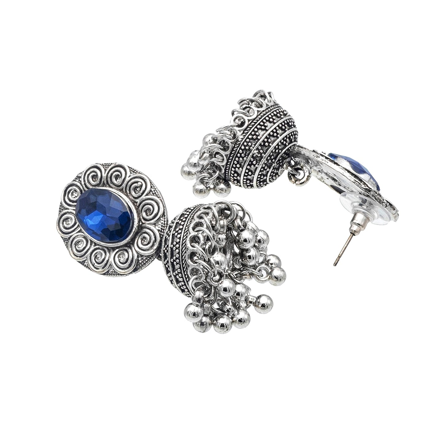 Shining Jewel Traditional Indian Antique Oxidised Silver CZ, Crystal, Ruby Studded Jhumka Pearl Drop Earring For Women (SJE_240_BL)