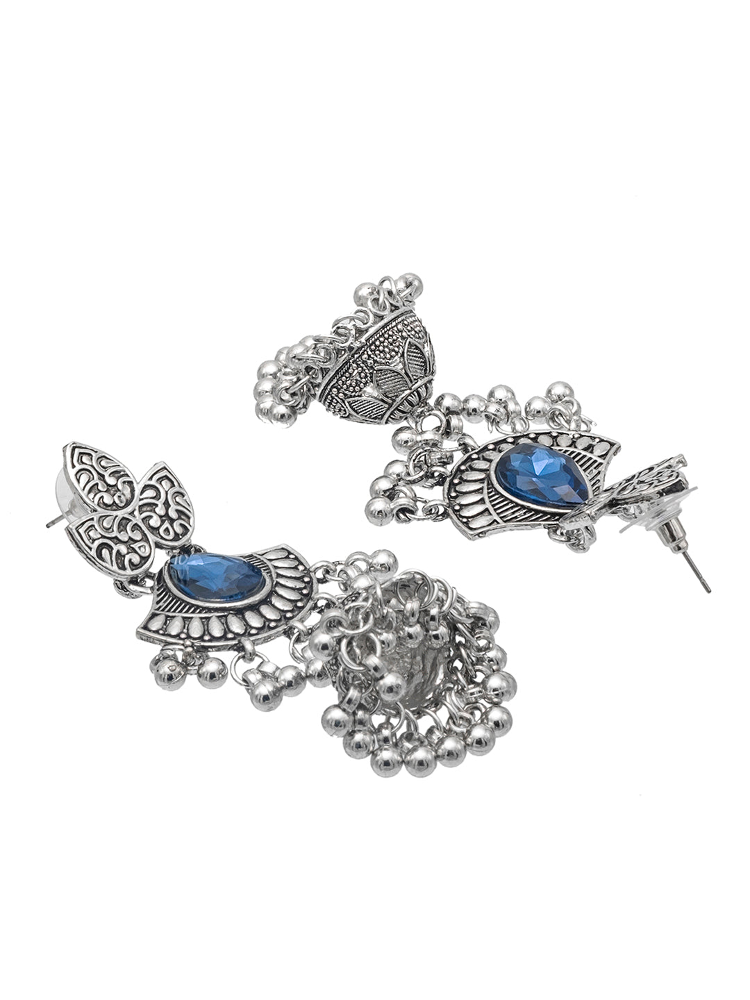 Shining Jewel Traditional Indian Antique Oxidised Silver CZ, Crystal, Ruby Studded Jhumka drop Earring For Women (SJE_242_BL)