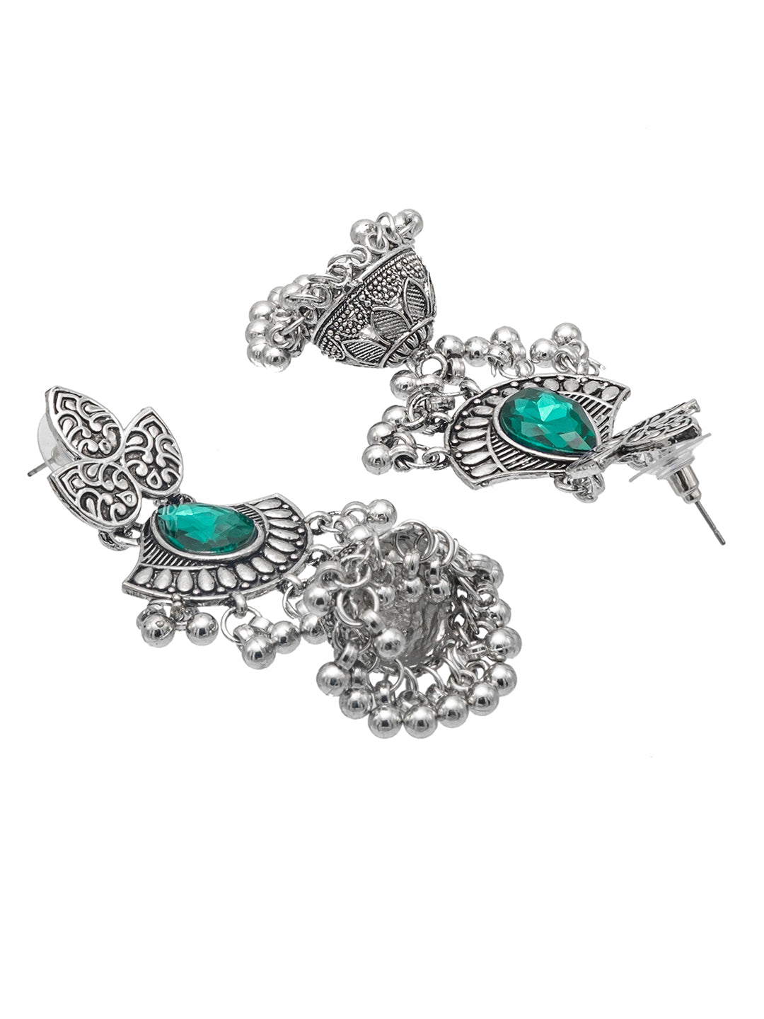 Shining Jewel Traditional Indian Antique Oxidised Silver CZ, Crystal, Ruby Studded Jhumka drop Earring For Women (SJE_242_BL)